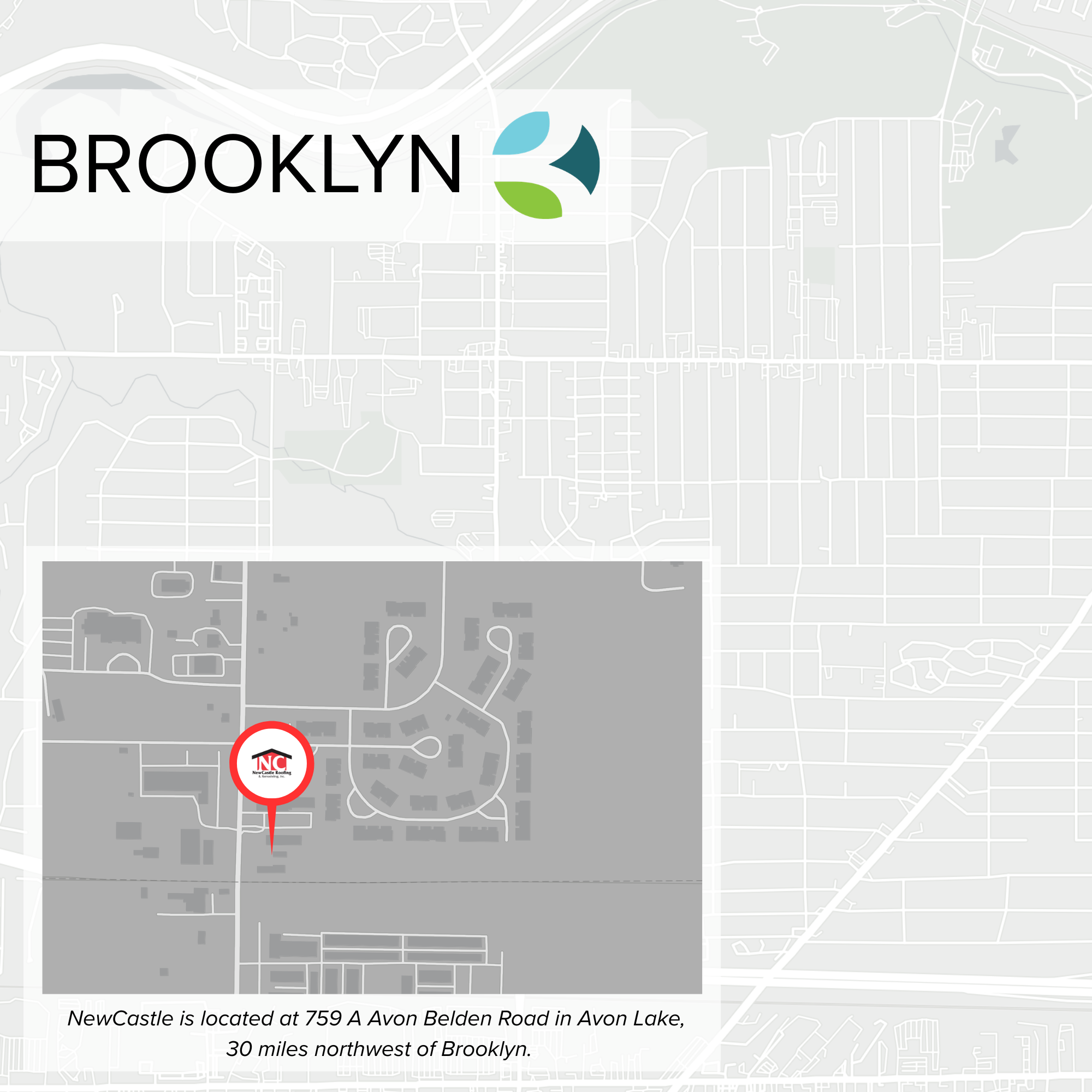 Map highlighting a location in Brooklyn with a red marker labeled 'NC' and a description indicating NewCastle at 759 A Avon Belden Road in Avon Lake, 30 miles northwest of Brooklyn.