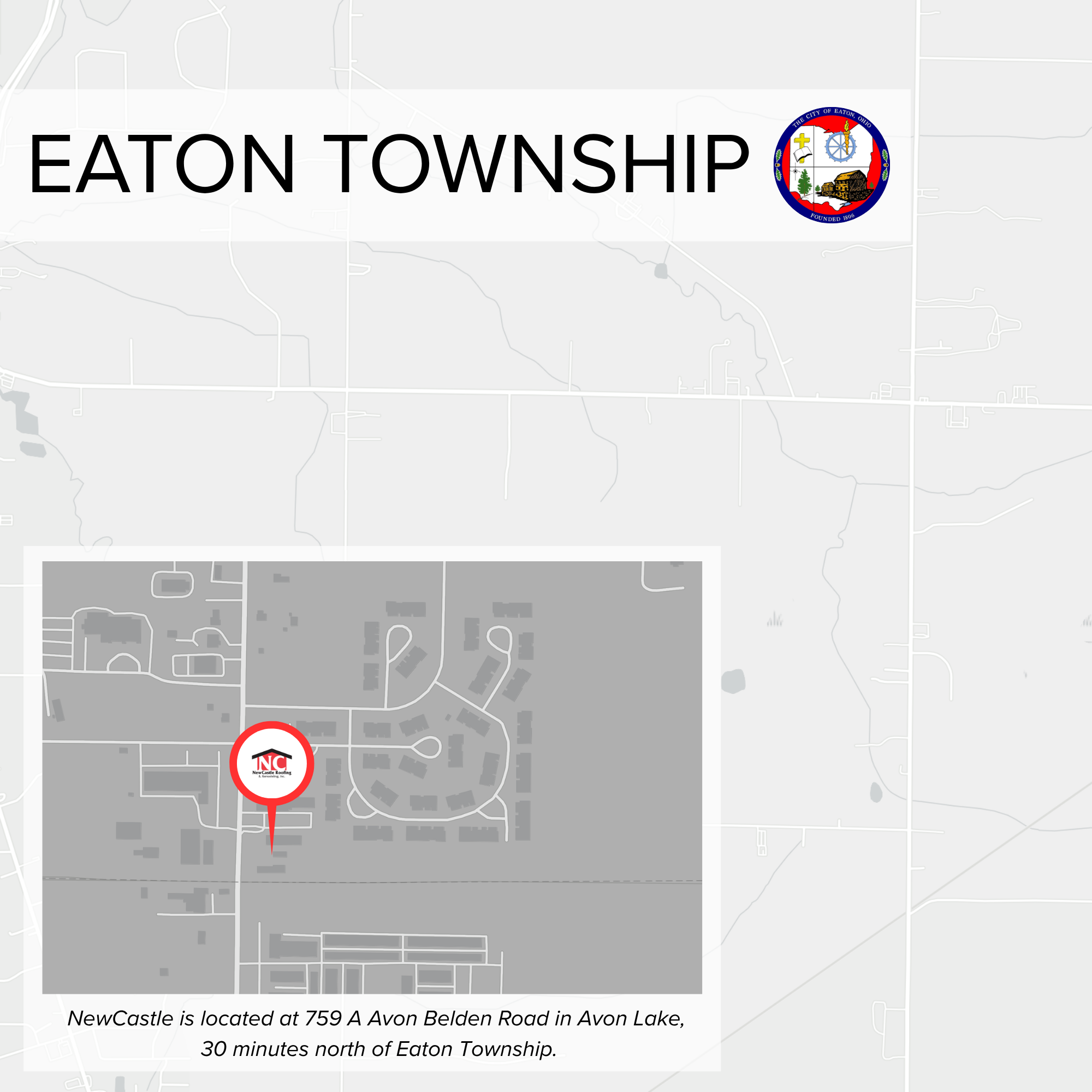Map showing a location in Eaton Township, Ohio, with a marker pointing to NewCastle at 759 A Avon Belden Road in Avon Lake, near Eaton Township. The map background is light gray with roads and some structures visible, and there is a logo of Eaton City, Ohio, featuring a shield with a cross, a wheel, a tree, and a train