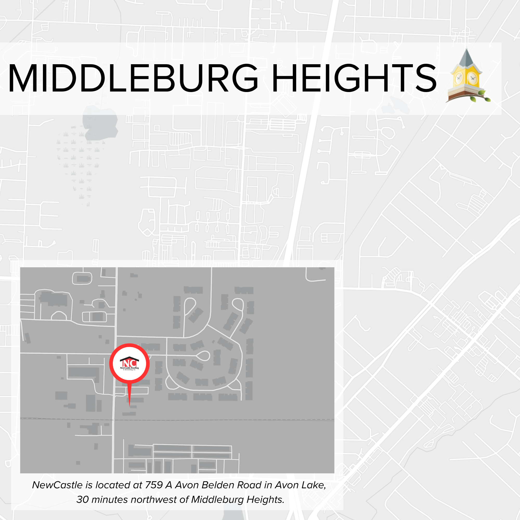 Map with a red location marker indicating NewCastle located at 759 A Avon Belden Road in Avon Lake, with a label at the bottom providing directions to Middleburg Heights.