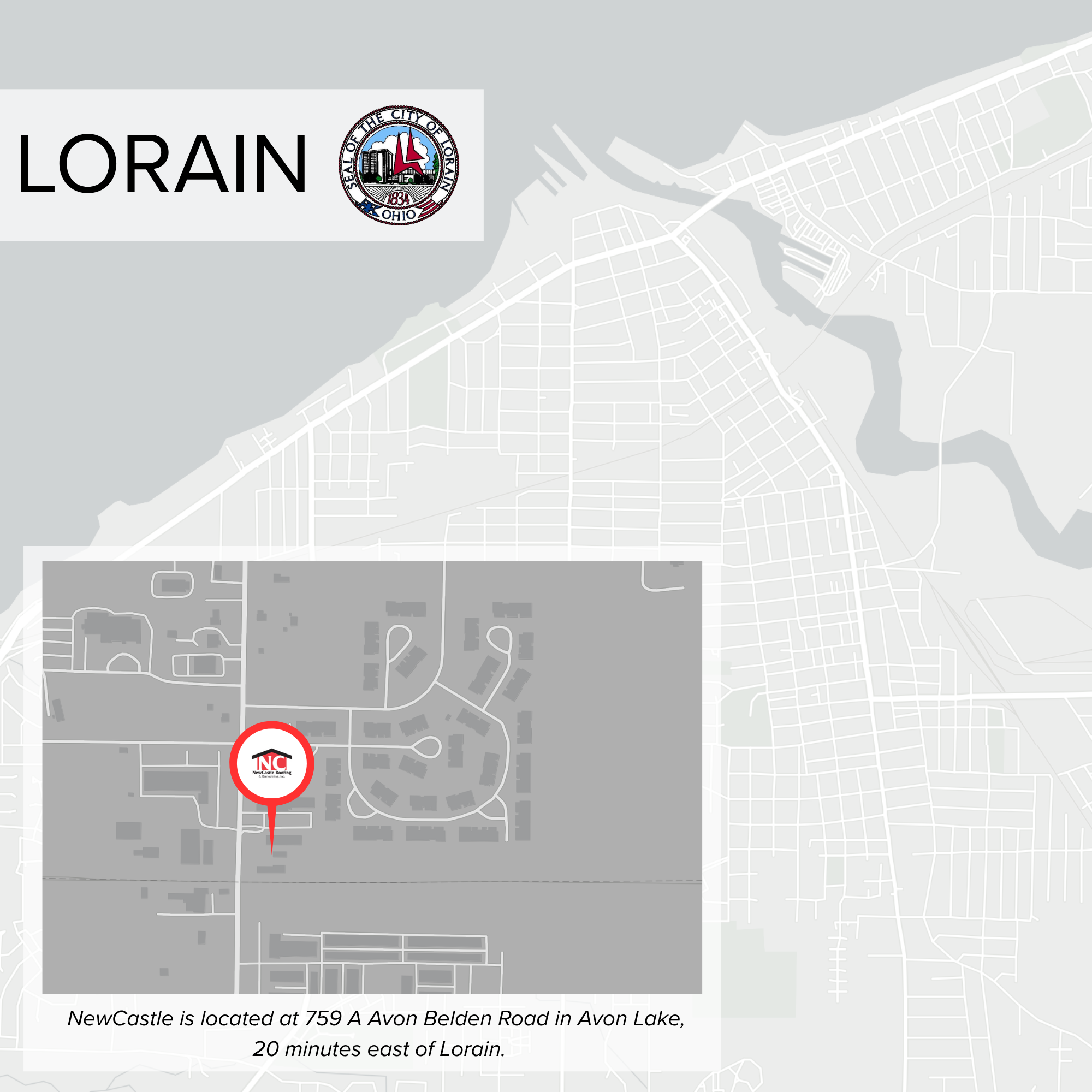 Map of Lorain, Ohio, with a location marker indicating NewCastle roofing at 759 A Avon Belden Road. The map shows streets, water bodies, and surrounding areas.
