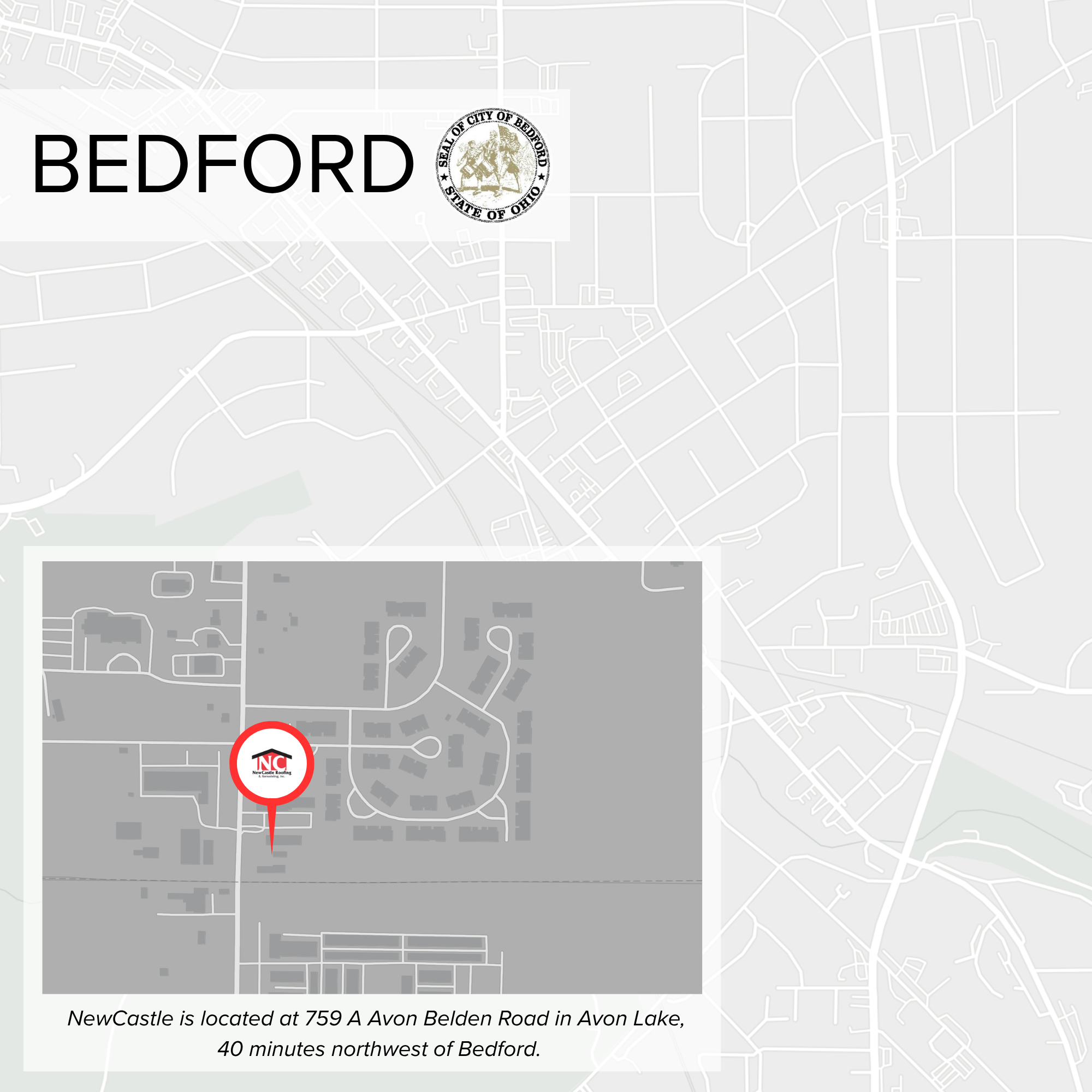 Map showing the location of NewCastle at 759 A Avon Belden Road in Avon Lake, with a red pointer indicating the exact spot on the map.