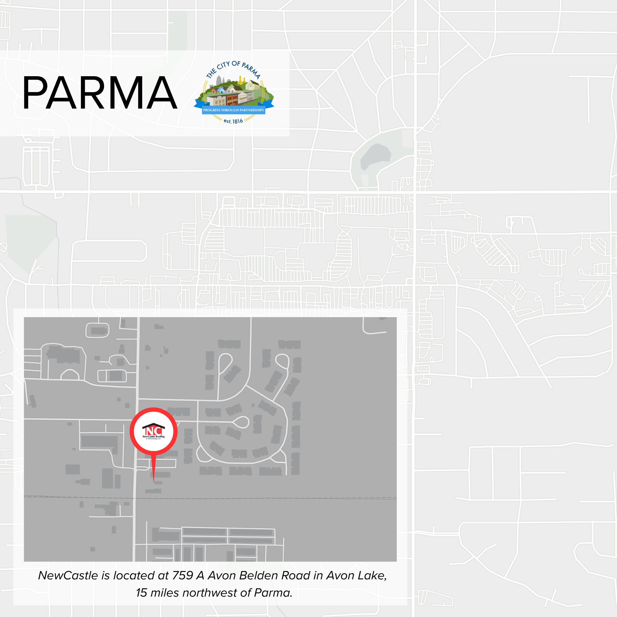 Map showing the location of Newcastle at 759 A Avon Belden Road in Avon Lake, 15 miles northwest of Parma with a highlighted marker and a logo of Newcastle Roofing.