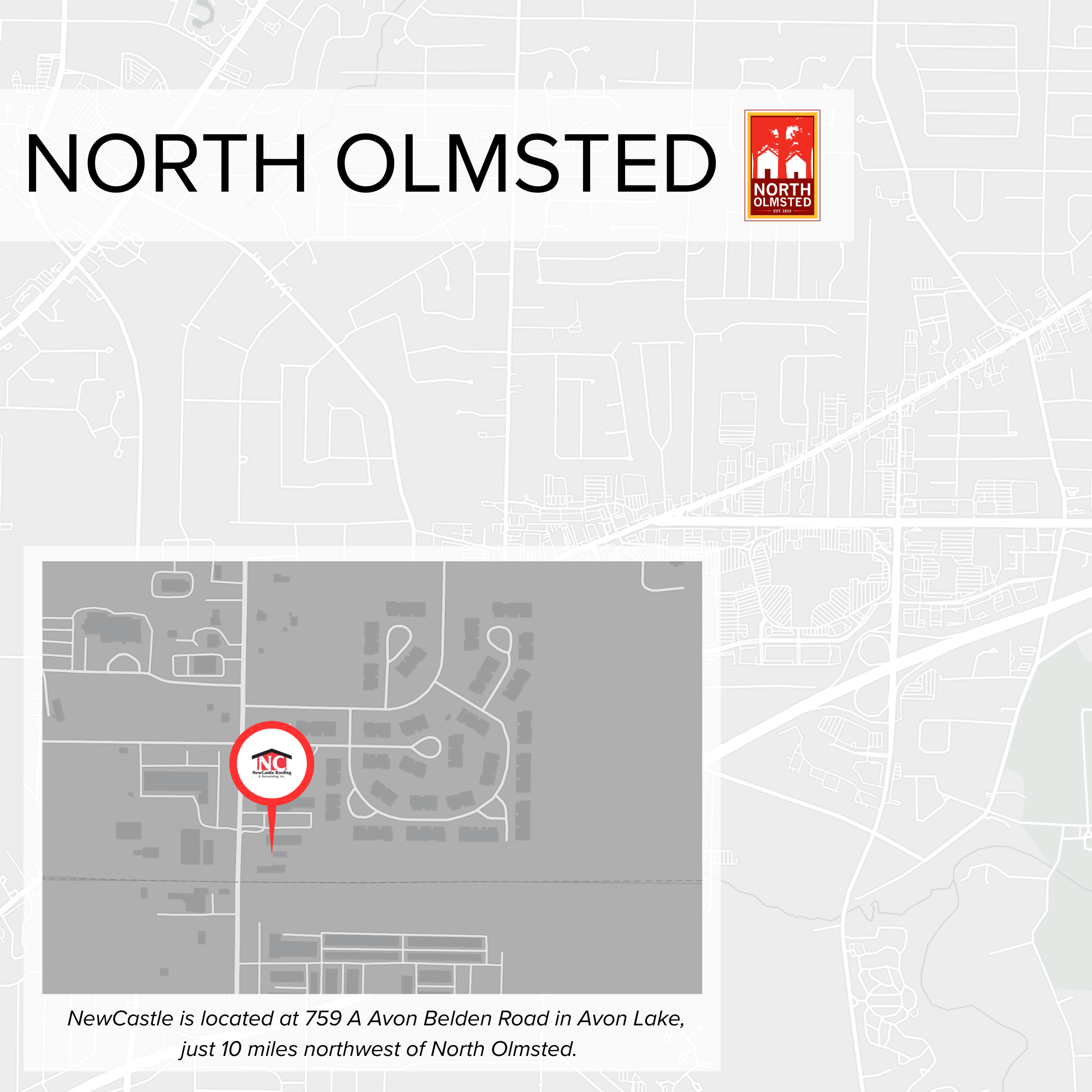 Map showing the location of North Olmsted, with an icon pointing to 759 A Avon Belden Road in Avon Lake, indicating it is about 10 miles northwest of North Olmsted.