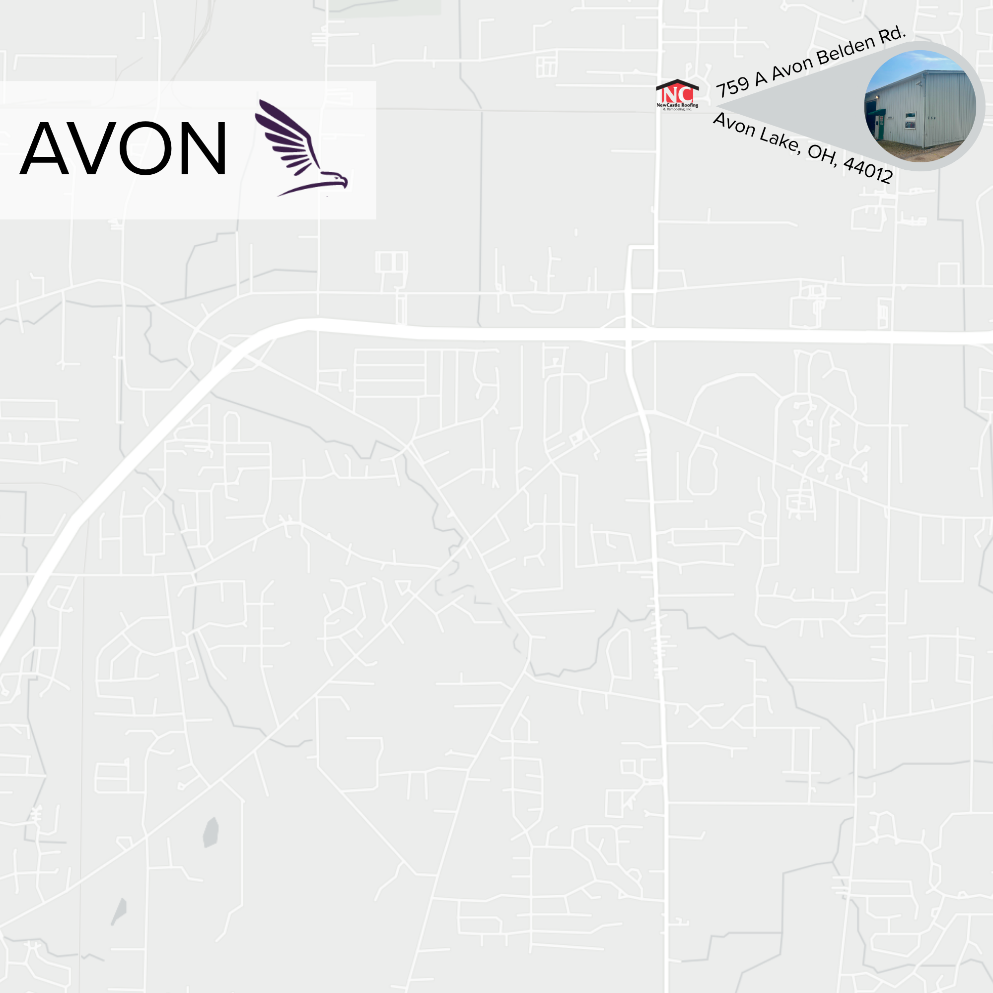 A map showing the location of a roofing business at 759 A Avon Belden Rd., Avon Lake, Ohio 44012. The map includes a circular photo of a light blue metal building with a door and window, and the business logo featuring a purple stylized eagle with the word "AVON" in black.