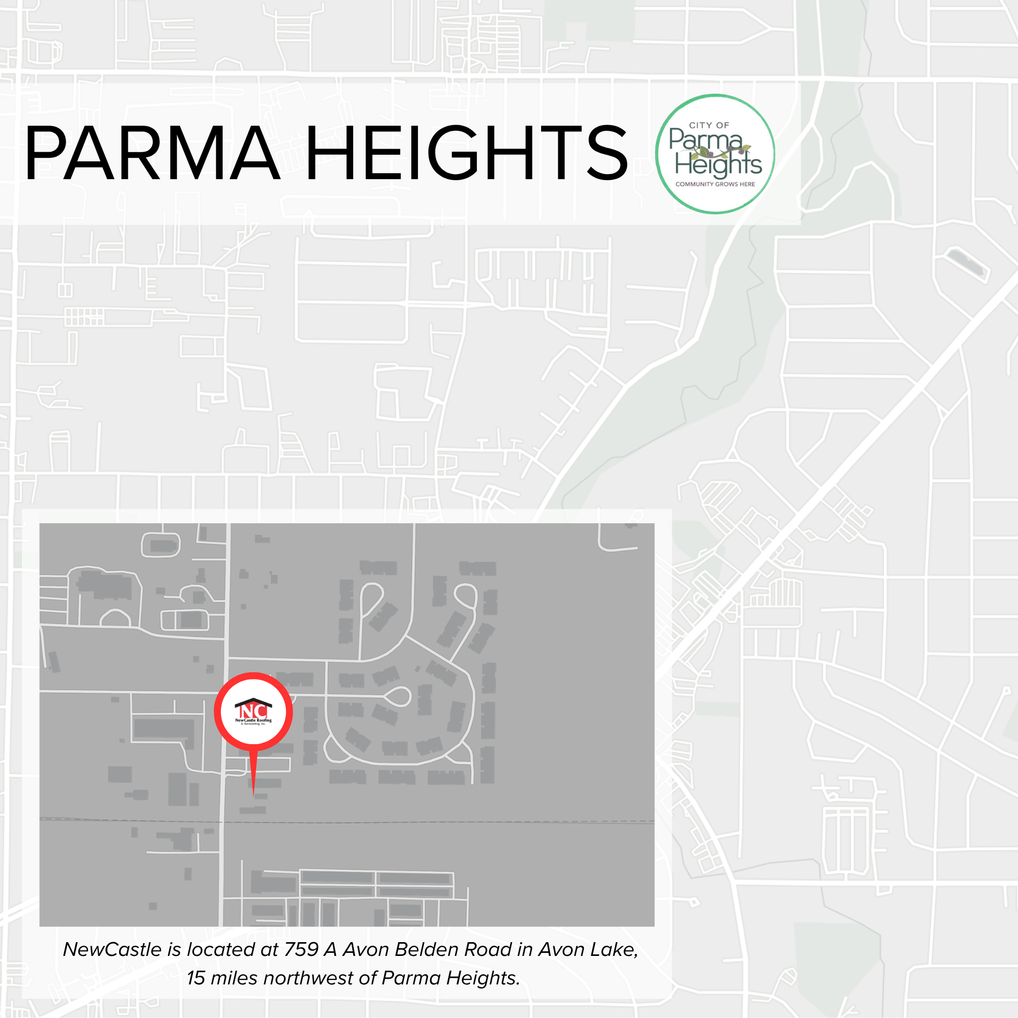 Map showing the location of Parma Heights, Ohio, with a marker for NewCastle Roofing at 759 A Avon Belden Road in Avon Lake, Ohio, and an inset map of the surrounding area.