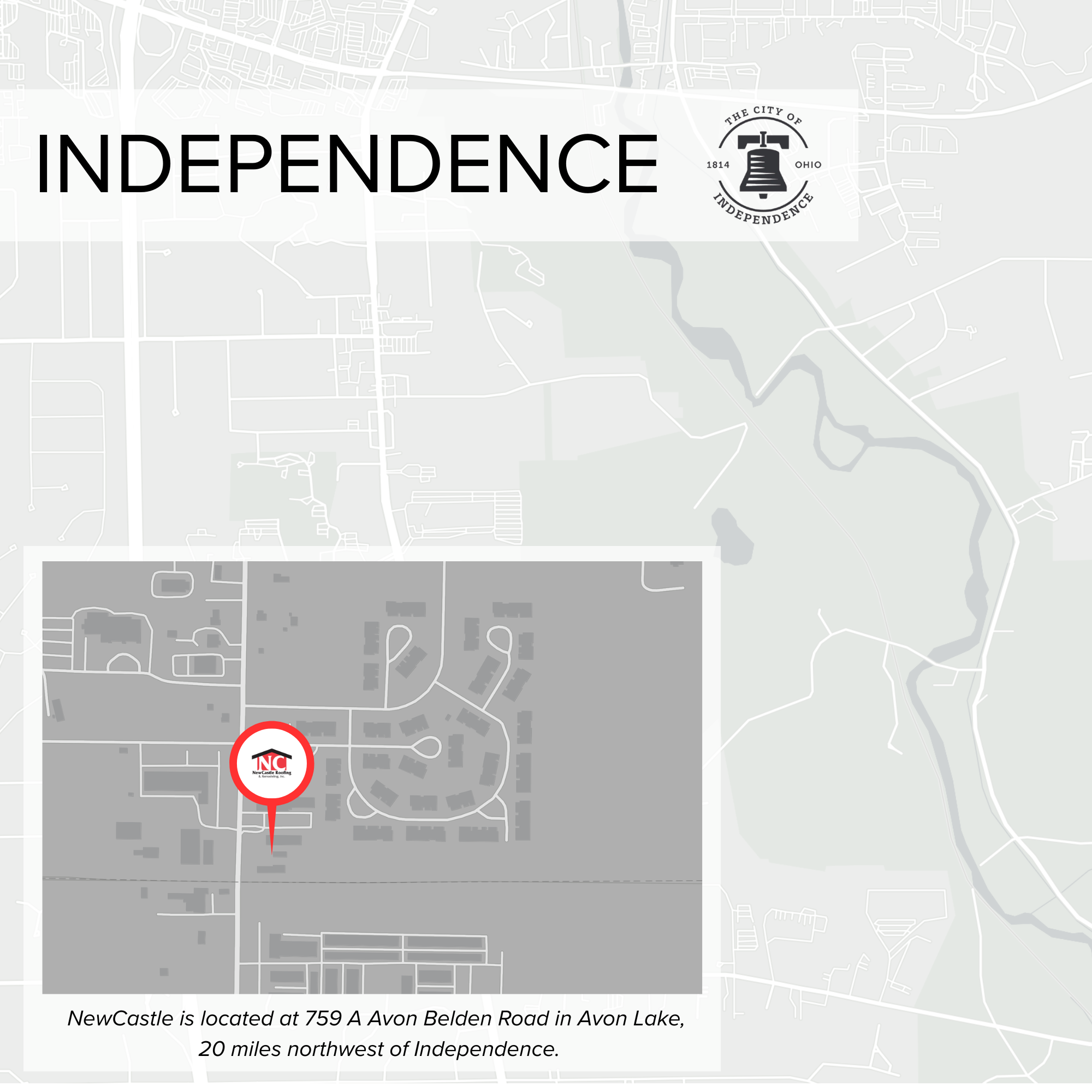 Map showing the location of Newcastle at 759 A Avon Belden Road in Avon Lake, near Independence, Ohio.