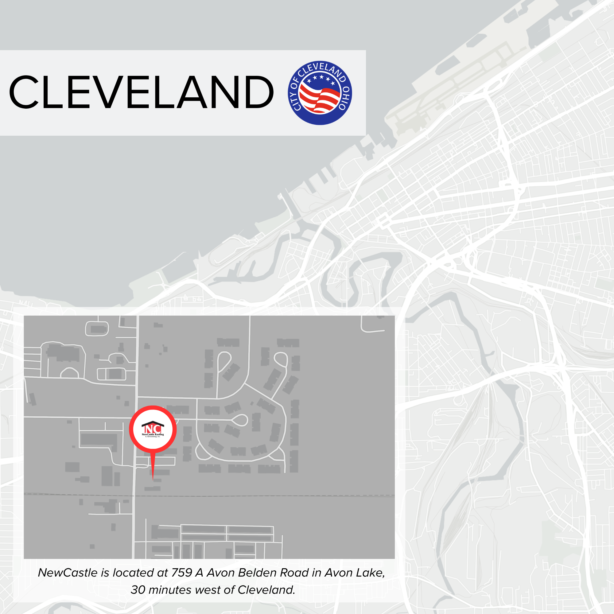 Map indicating the location of NewCastle at 759 A Avon Belden Road in Avon Lake, with surrounding streets and water bodies, and an icon marking the specific location.