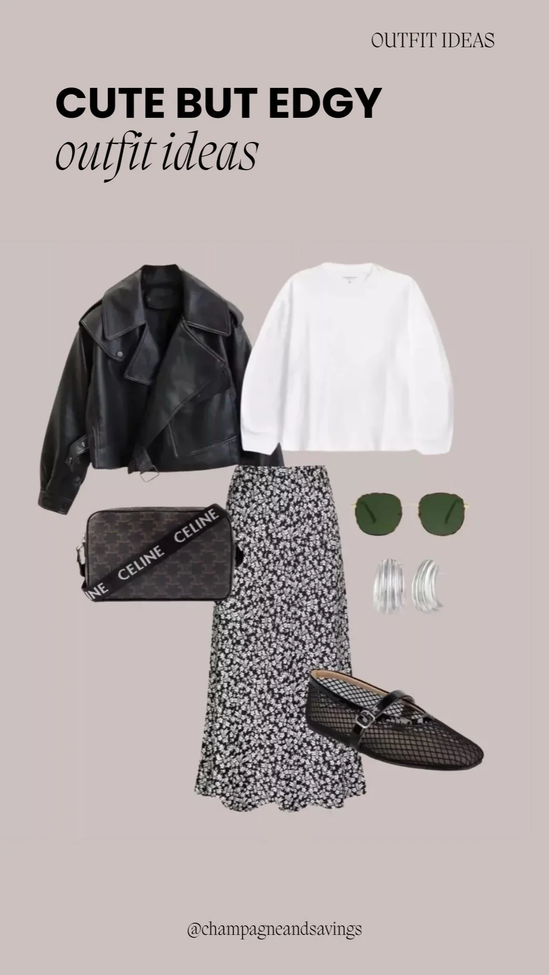 Leather jacket styled with a floral midi skirt for a chic, edgy-meets-feminine look.