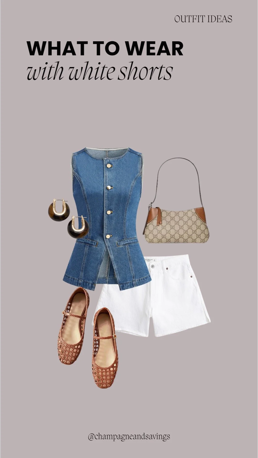 Collage of outfit pieces featuring white shorts styled with a denim vest and woven Mary Janes for a casual, textured summer look.