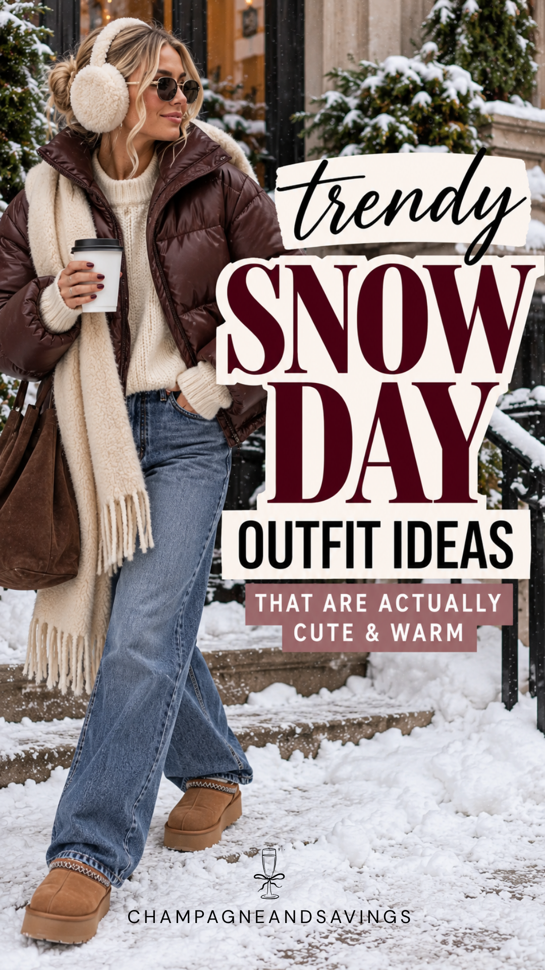 Image that says Trendy Snow Day Outfit Ideas That Are Actually Cute & Warm and has a girl in a styled outfit in the background.