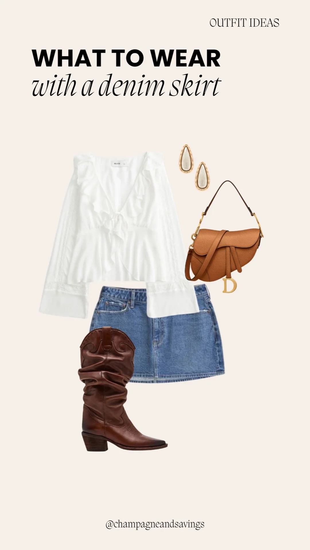 Mini skirt outfit idea featuring a denim mini skirt paired with a ruffled blouse and slouchy boots, styled together as coordinated outfit pieces.