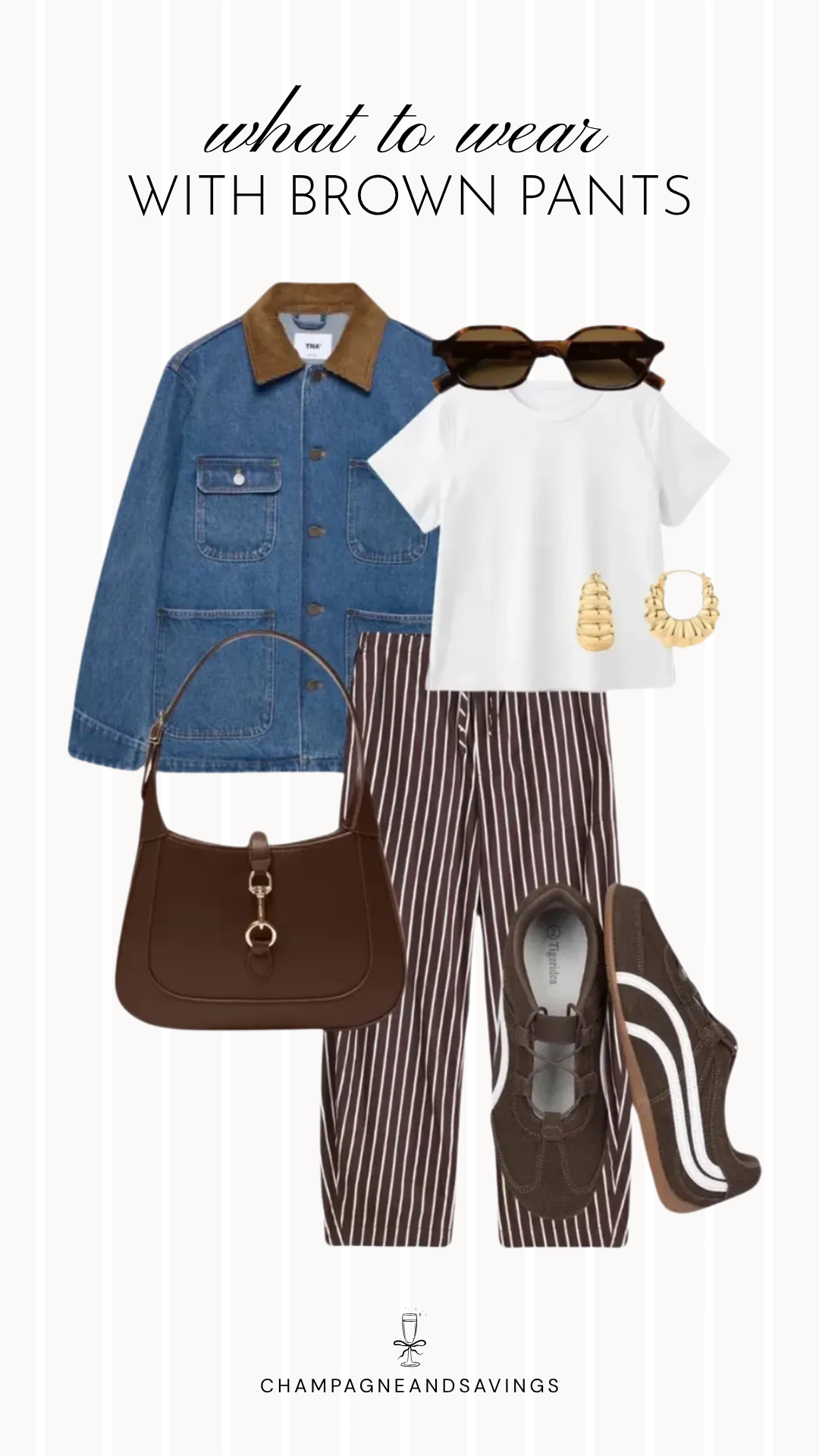 Brown pants outfit idea collage featuring a denim jacket styled with striped brown pants for a casual, effortlessly chic everyday look.