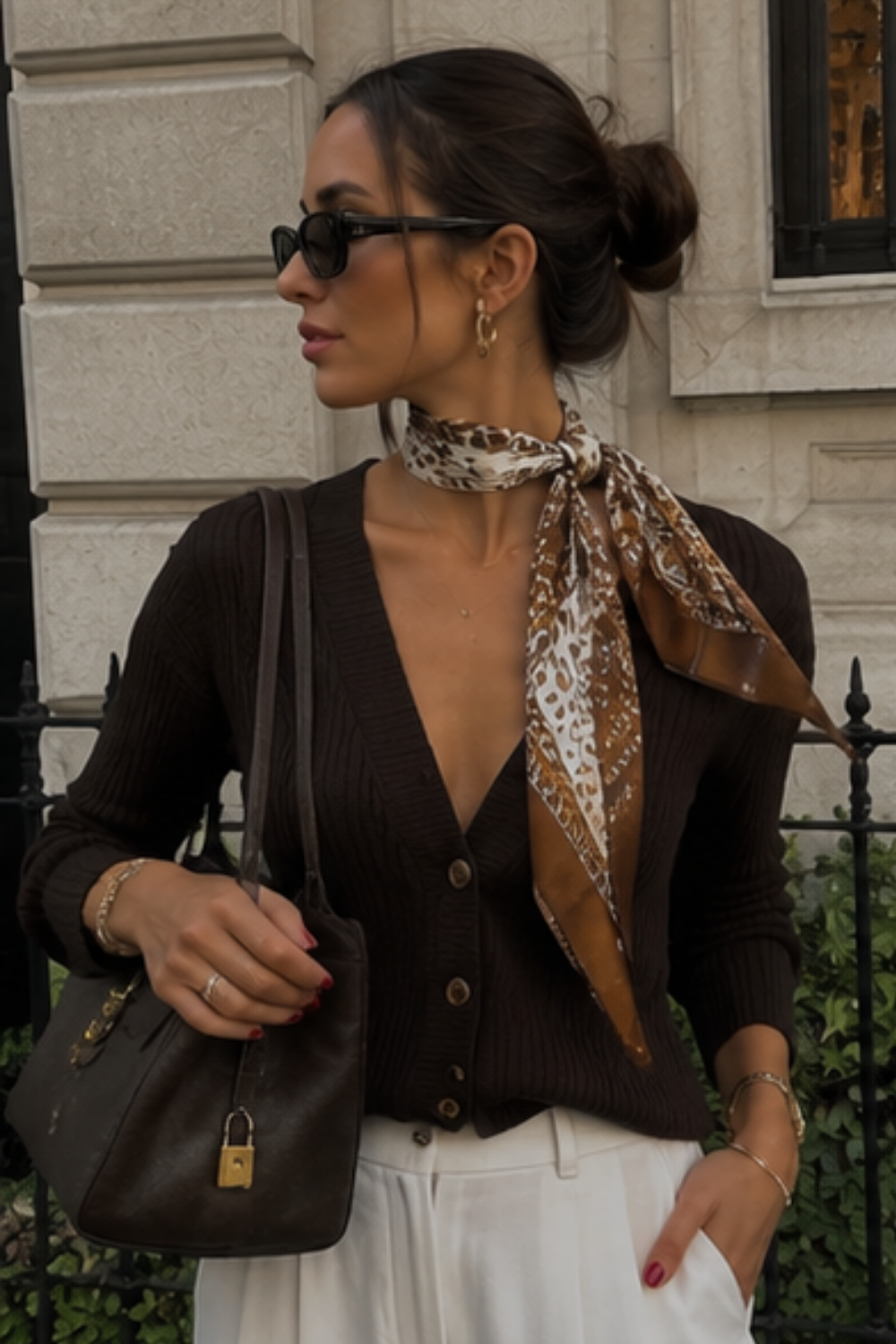 woman wearing a satin scarf around her neck