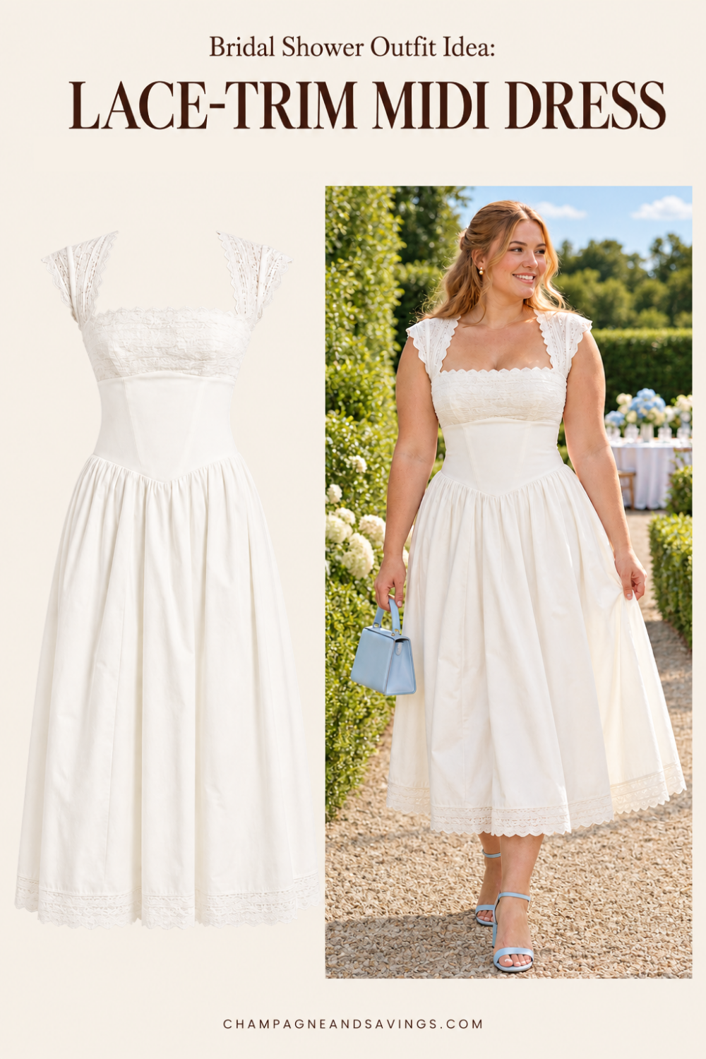 Trendy bridal shower outfit idea featuring a white lace trim midi dress, shown alongside a styled bridal look for the bride-to-be.