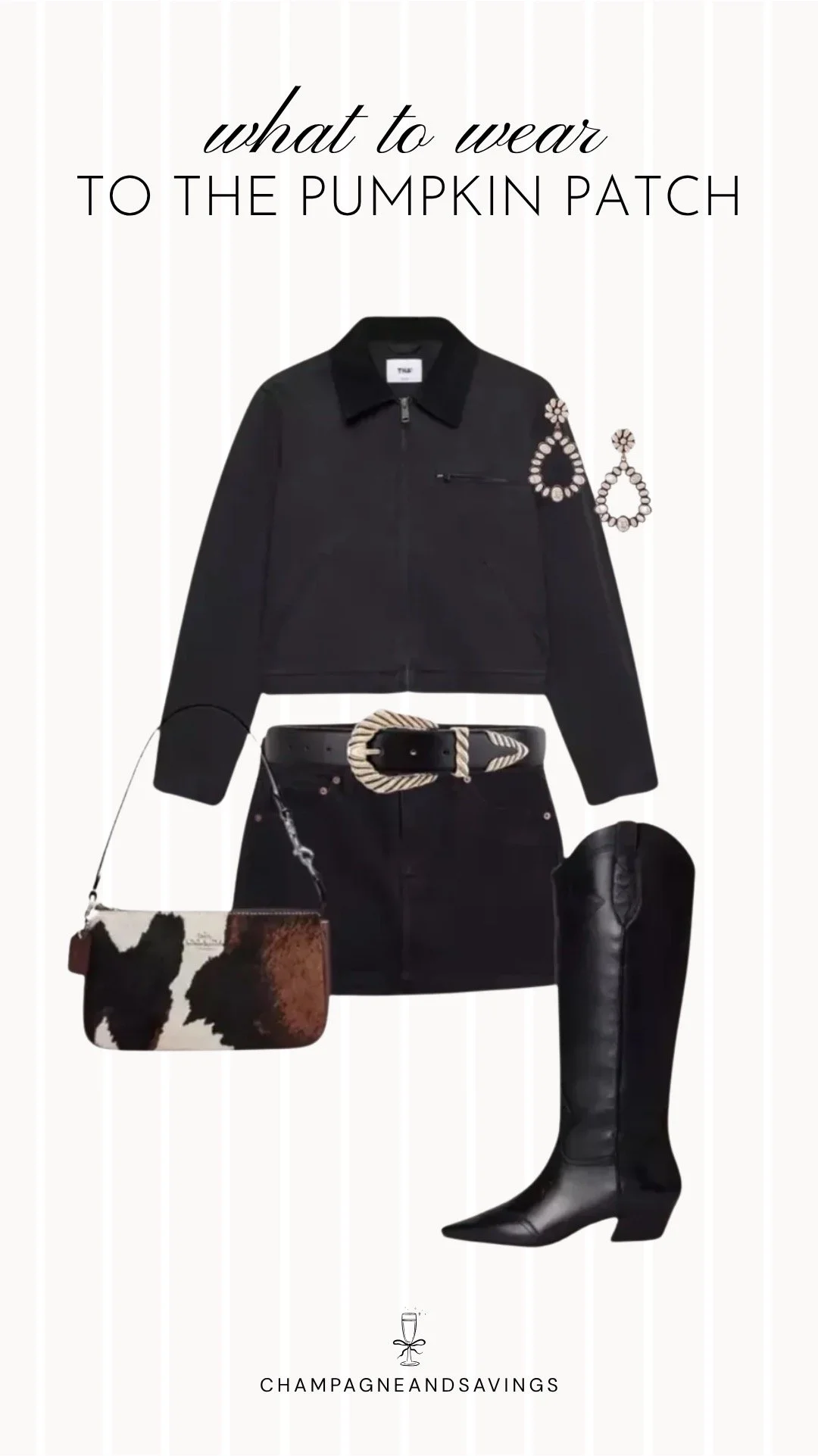 Collage of outfit pieces featuring a western inspired jacket styled with a mini skirt and cowboy boots for a trendy pumpkin patch outfit idea with a chic western fall vibe.