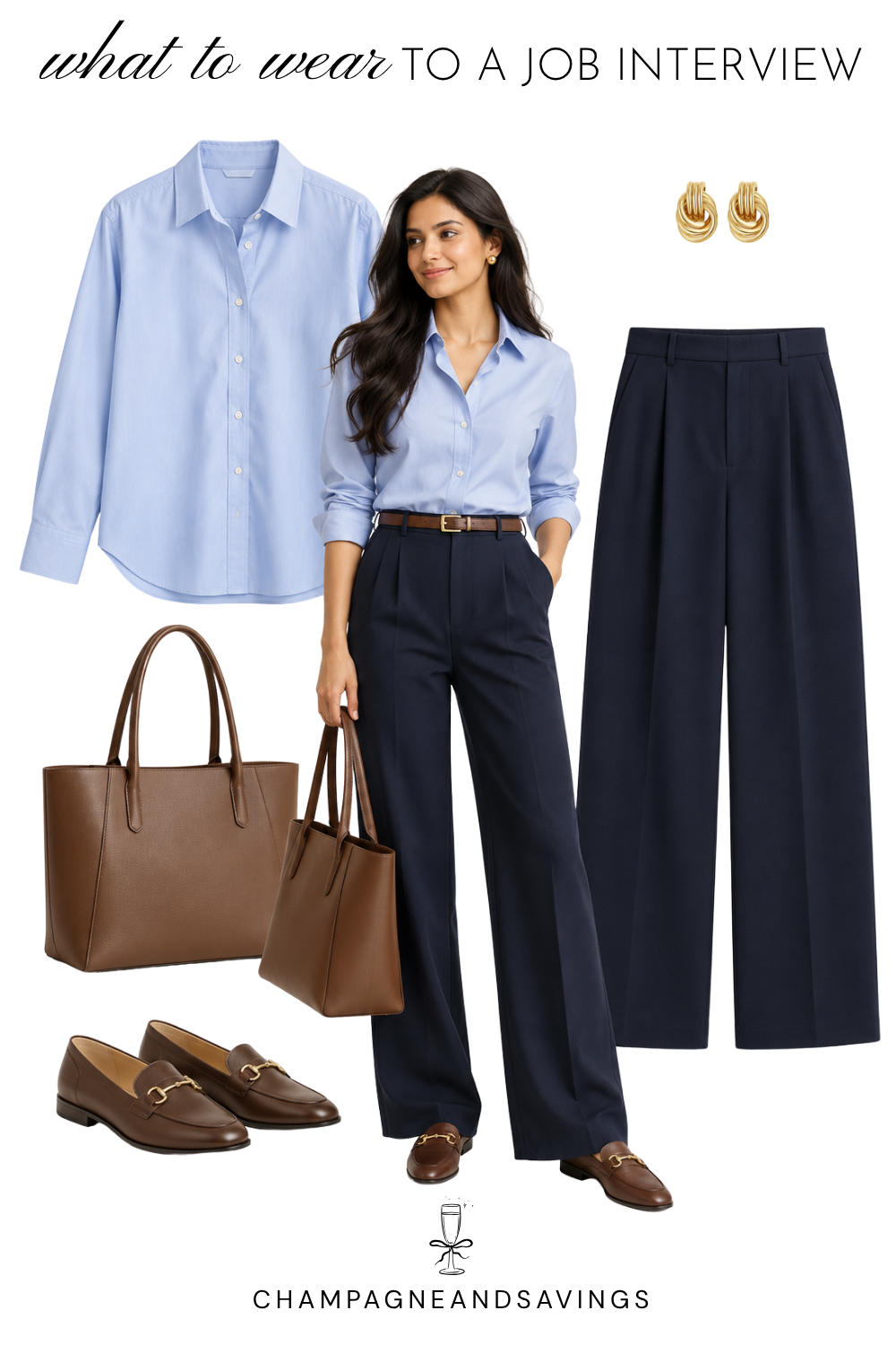 Job interview outfit idea for women featuring a blue button-down shirt paired with navy wide-leg pants, shown in a collage of outfit pieces for a polished, professional look.