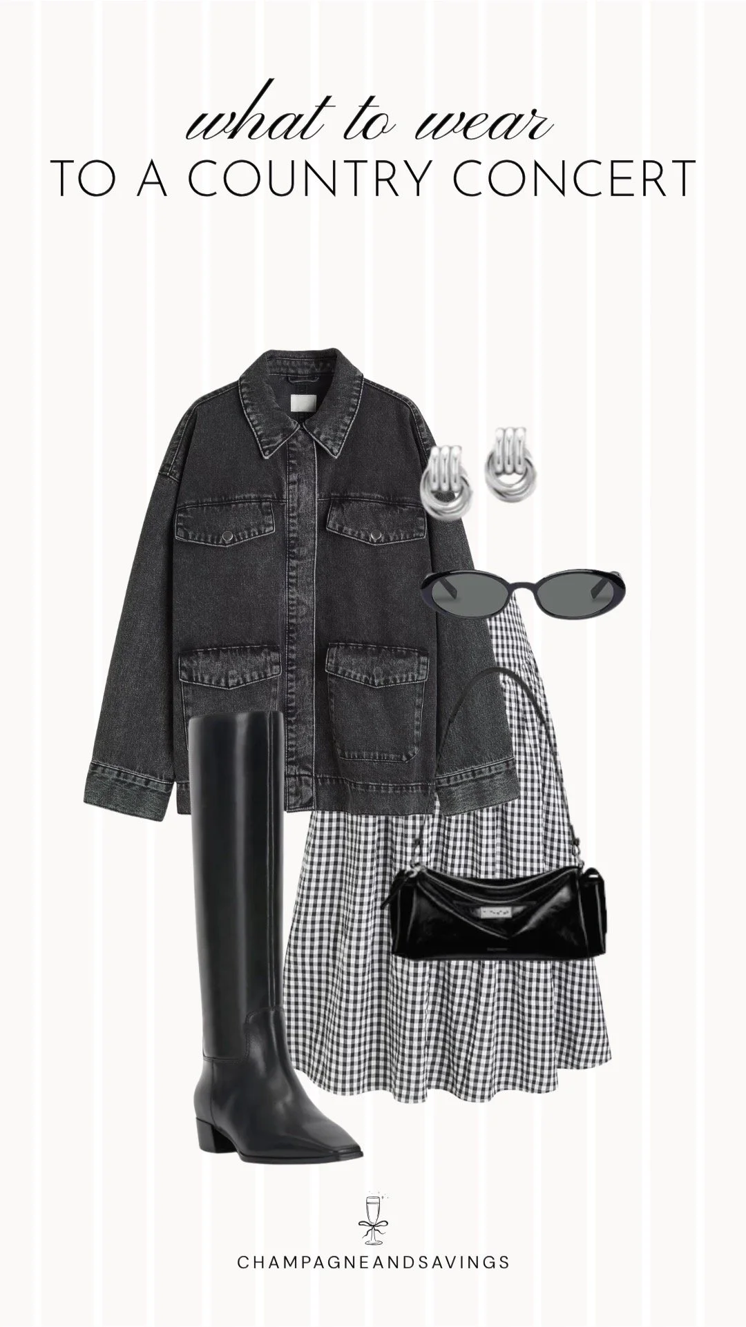 Collage of outfit pieces featuring a gingham midi skirt styled with a black denim shacket and riding boots for a chic country concert outfit idea with a western-inspired vibe.