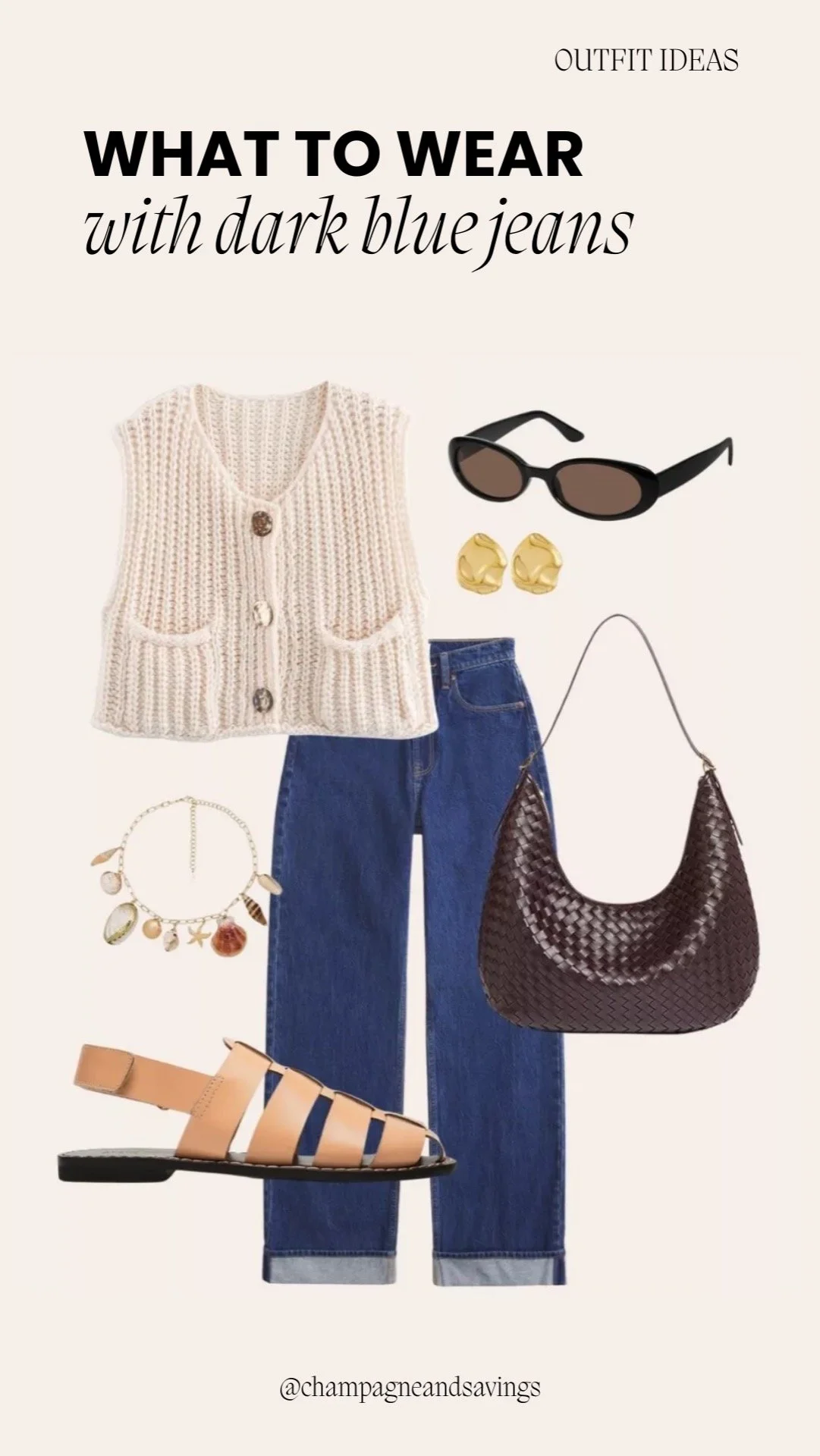 Collage of outfit pieces for a “Knit Vest + Cuffed Jeans” dark denim look, featuring dark denim paired with a knit vest and cuffed jeans styling details, styled in a polished casual aesthetic.