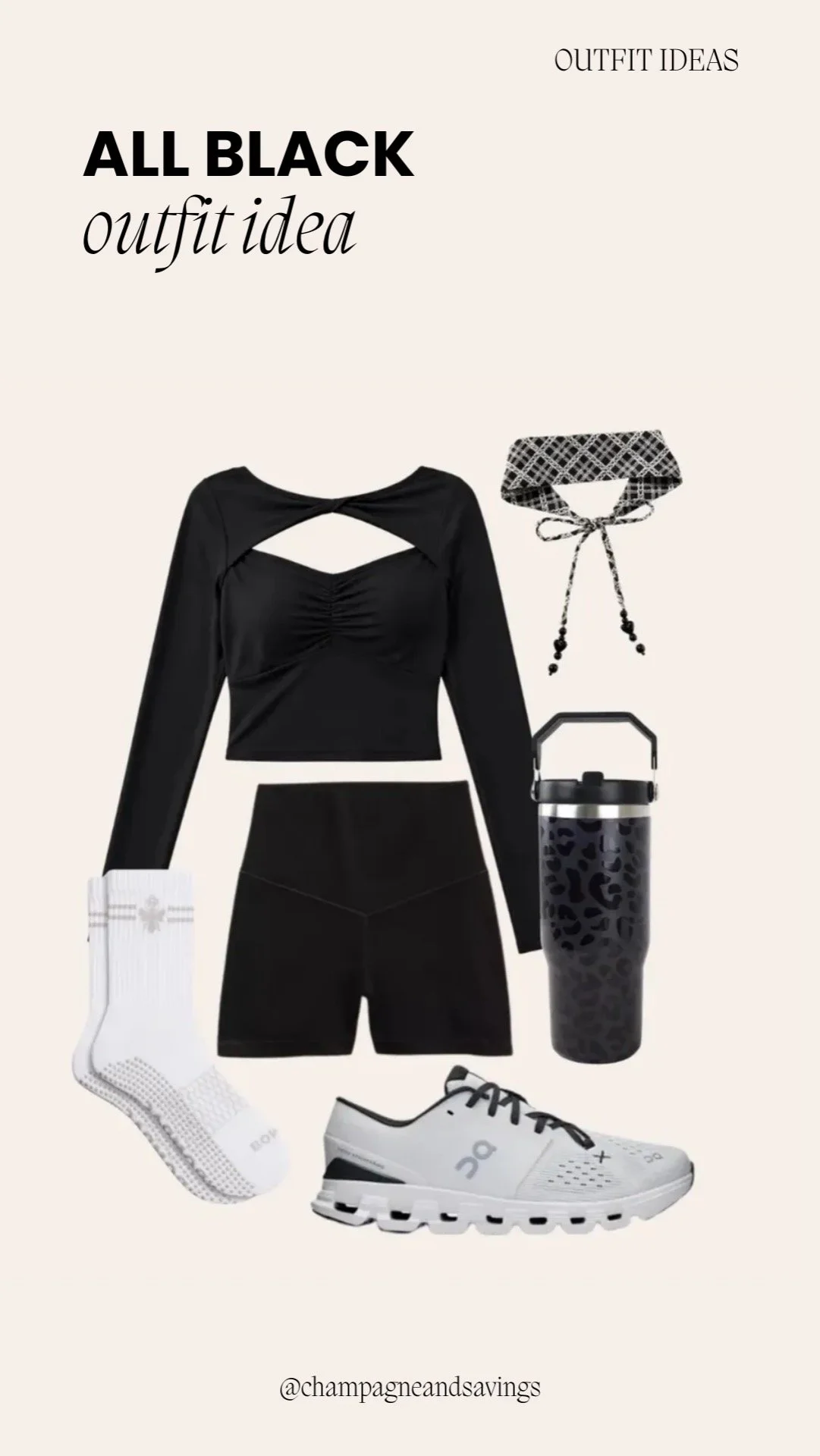Outfit collage showing a cute and comfy all-black outfit idea with a sporty chic active set.