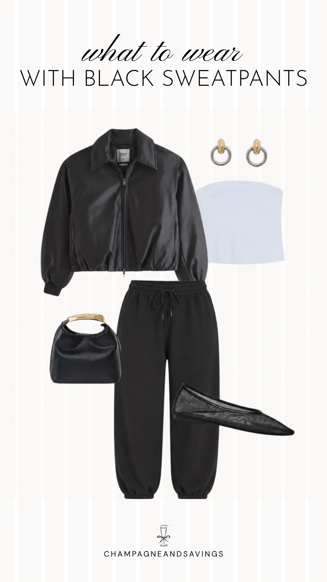 Black sweatpants outfit idea collage featuring a leather bomber jacket layered over a tube top with black joggers for a casual, edgy look.