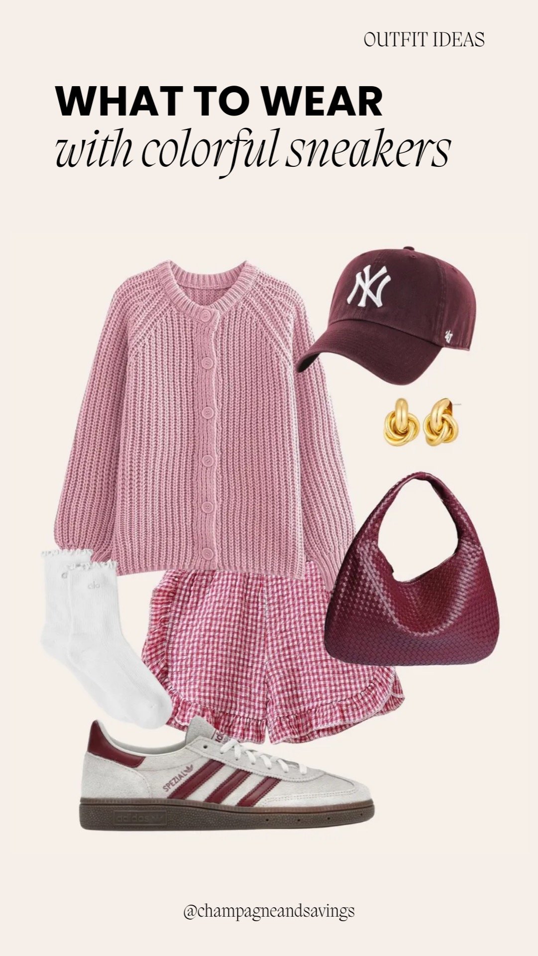 Outfit featuring colorful sneakers styled with shorts and a cardigan