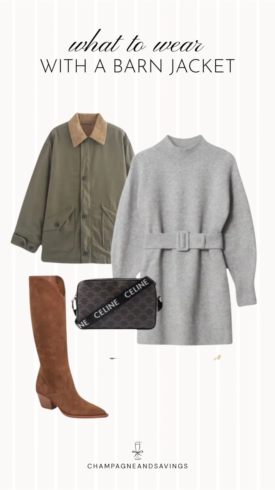 Outfit collage featuring an olive barn jacket layered over a sweater dress and paired with tall boots for a cozy and stylish fall outfit.