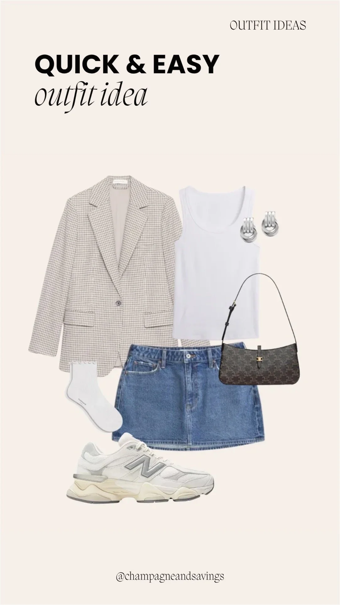 Collage of outfit pieces featuring a denim mini skirt, white tank top, and plaid blazer for a trendy, layered look.