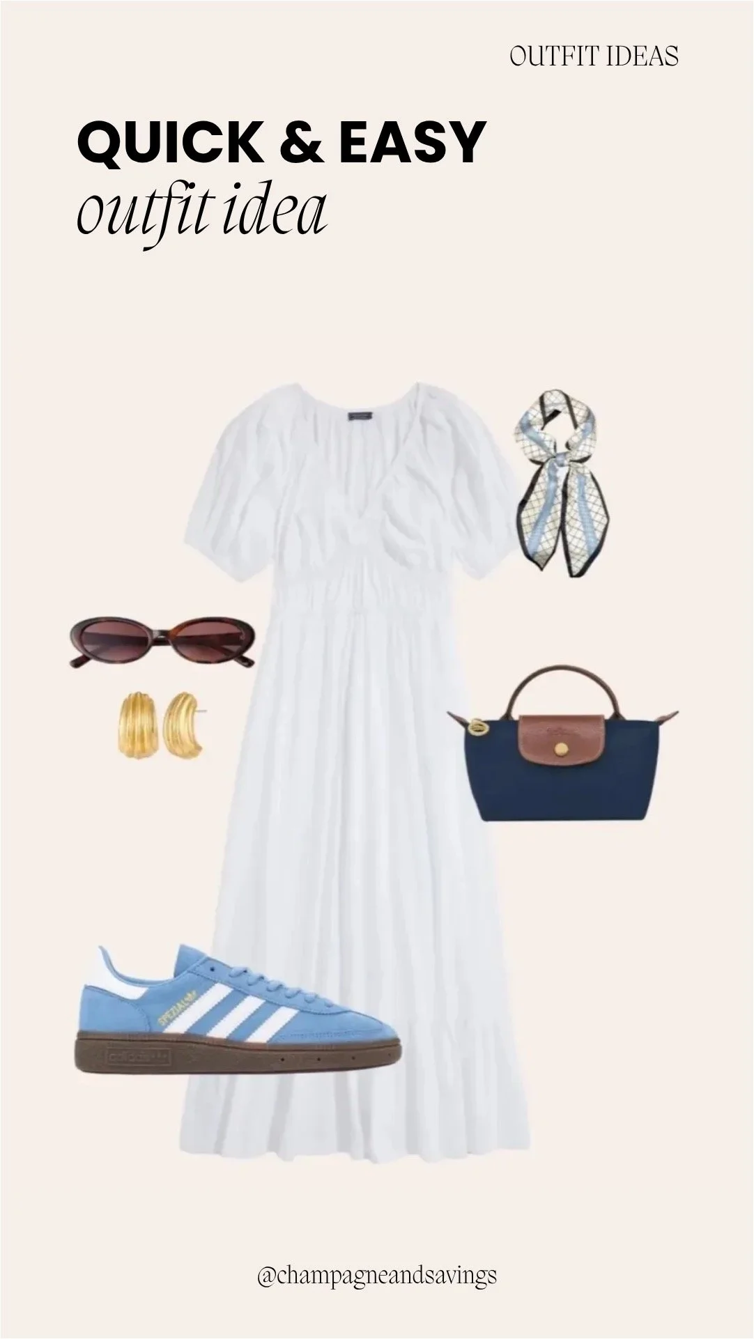 Collage of outfit pieces featuring a white midi dress paired with blue sneakers for a fresh, casual, and stylish look.
