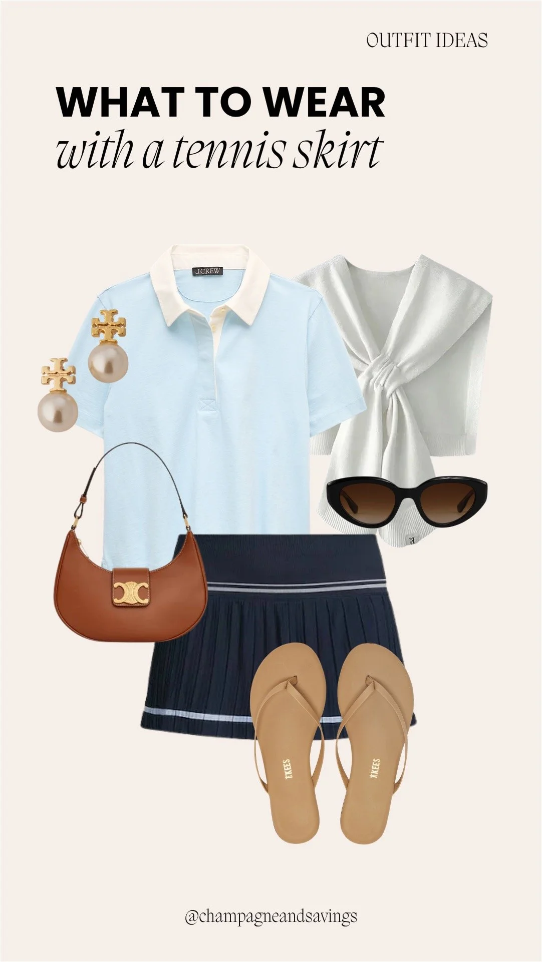 Tennis skirt outfit collage featuring a pleated tennis skirt styled with a polo shirt and flip flops for a relaxed, casual look.