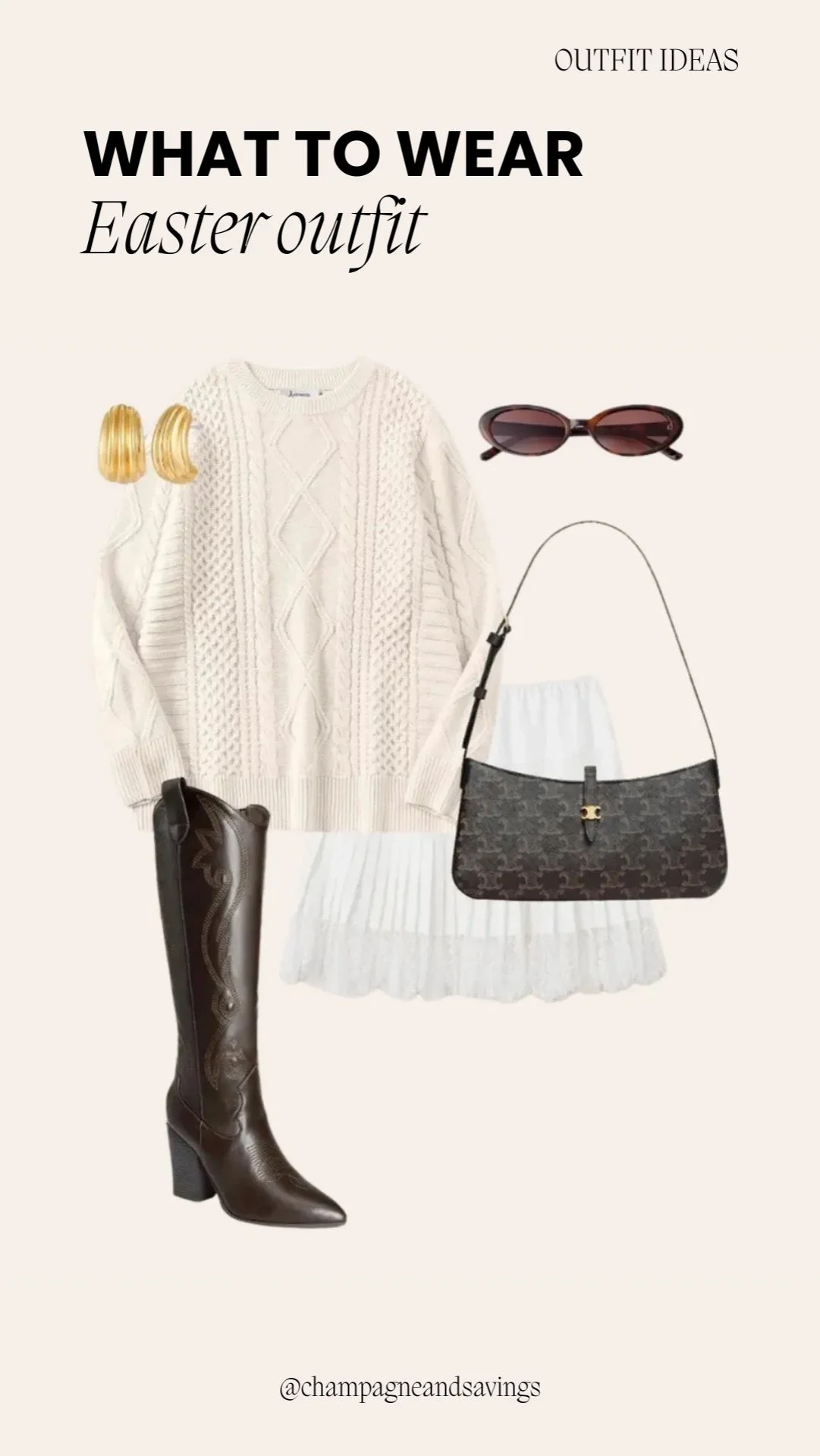 Easter outfit ideas collage showing a chunky sweater paired with a light skirt and coordinating accessories.