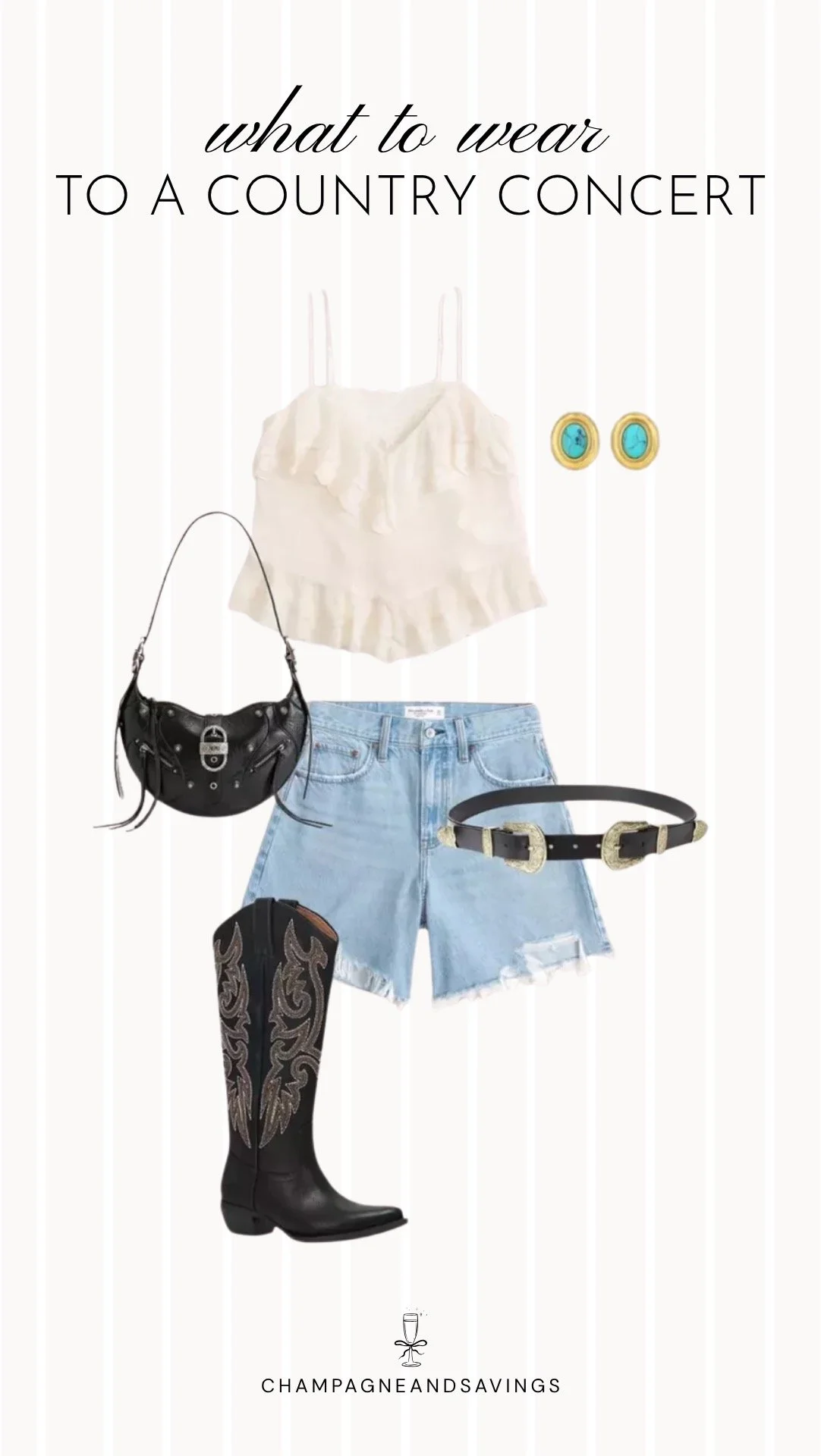 Collage of outfit pieces featuring a ruffle cami styled with denim shorts and black cowboy boots for a cute and casual country concert outfit idea.