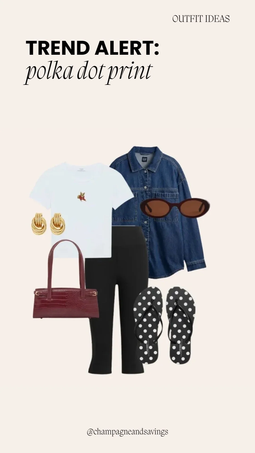 Collage of outfit pieces featuring polka dot flip flops paired with leggings and a denim shirt, styled for a casual and comfortable look.