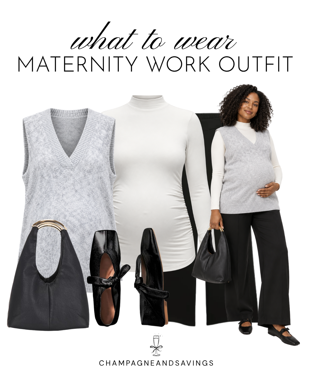 Maternity work outfit idea featuring a sweater vest paired with wide-leg pants, shown in a collage of outfit pieces for a chic, comfortable, and professional pregnancy-friendly look.