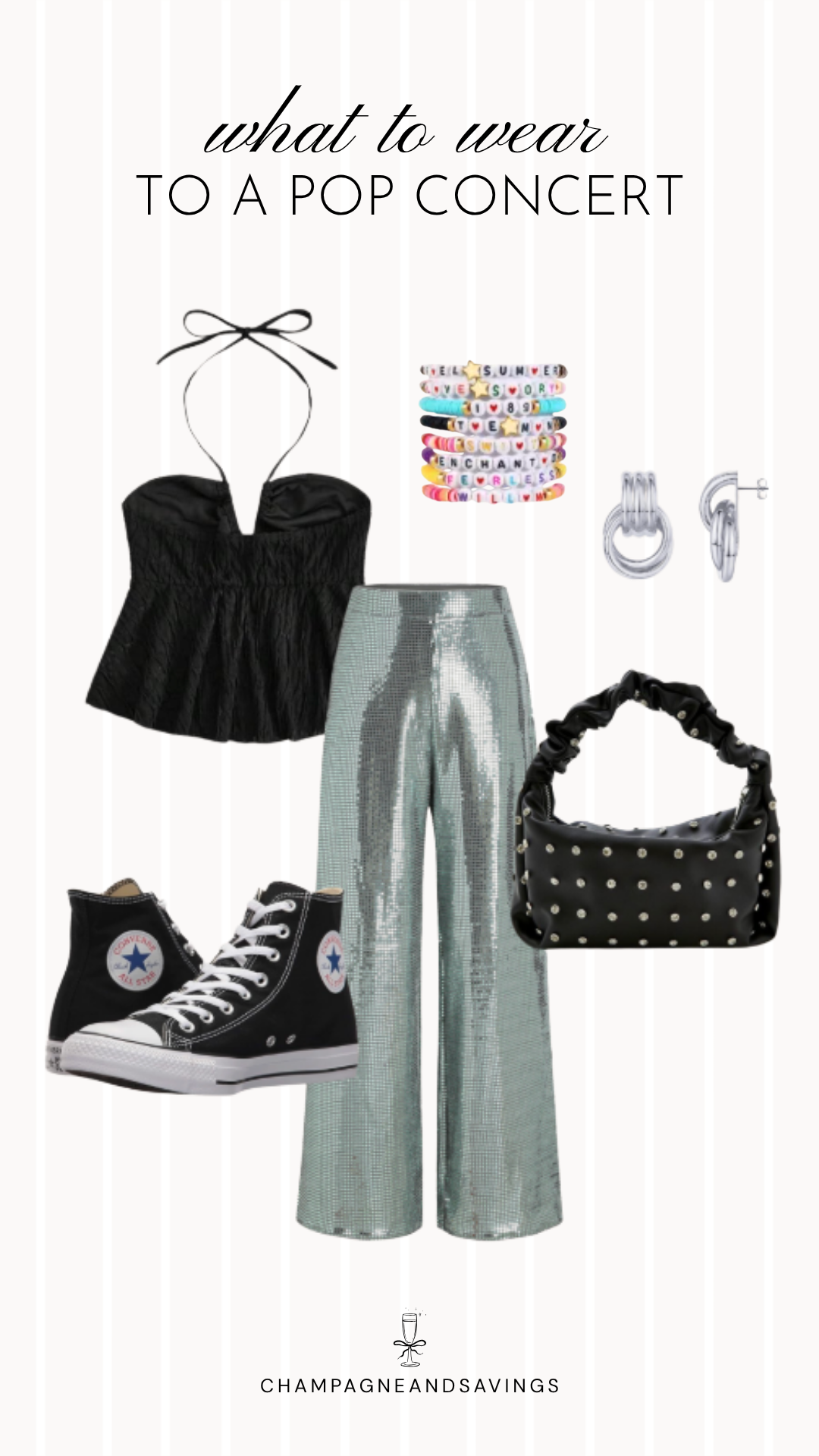 Collage of outfit pieces featuring sequin pants paired with a peplum top and Converse sneakers, creating a fun and playful pop concert outfit idea.