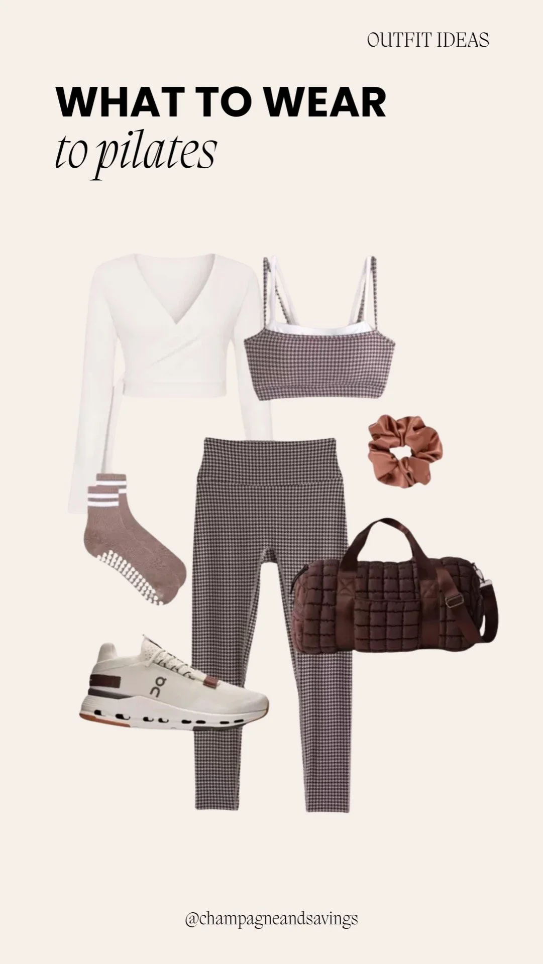 Collage of a neutral gingham Pilates outfit, featuring matching top and leggings.