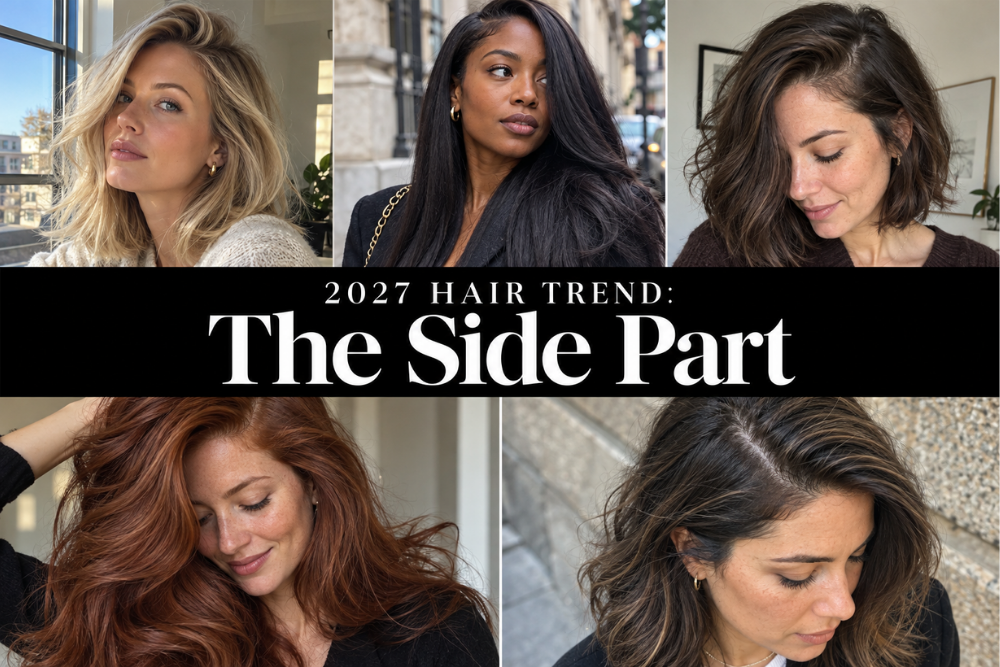 collage of women with hair parted to the side