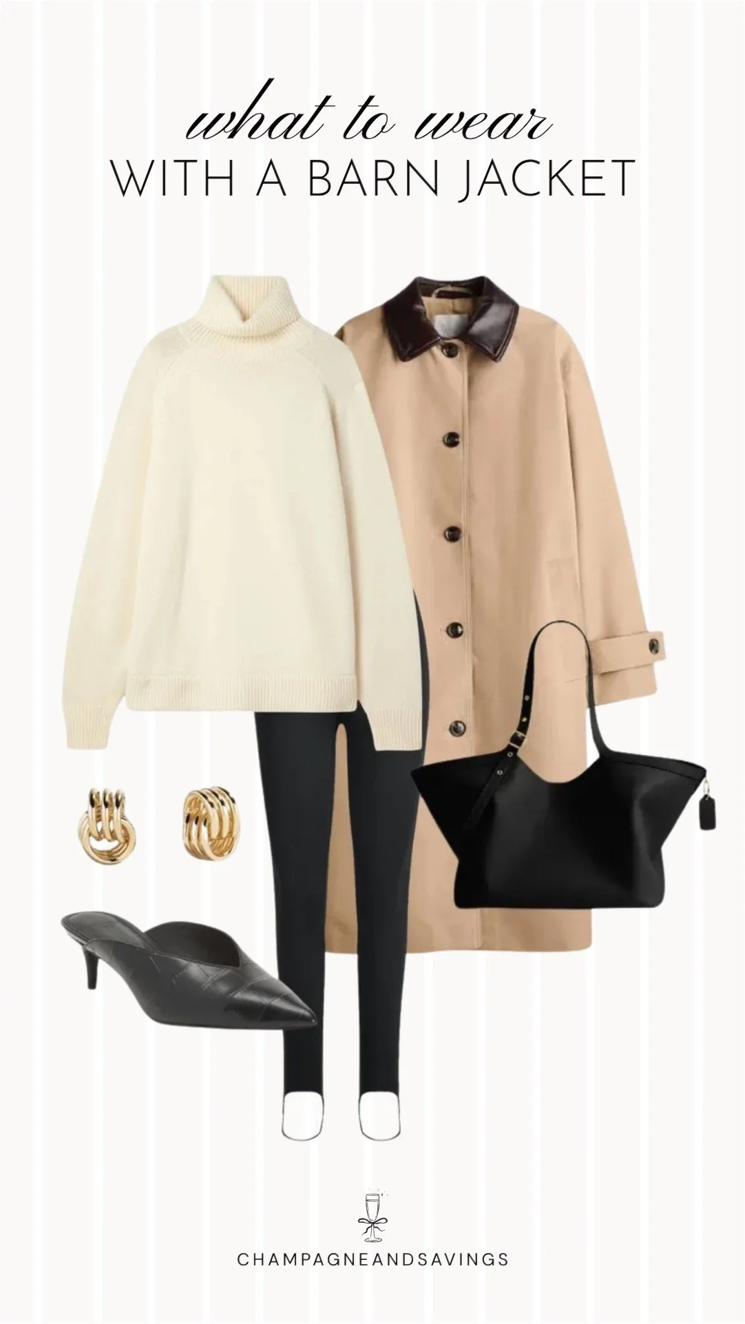Outfit collage featuring a barn jacket layered over a turtleneck and paired with leggings for a cozy and casual fall outfit.
