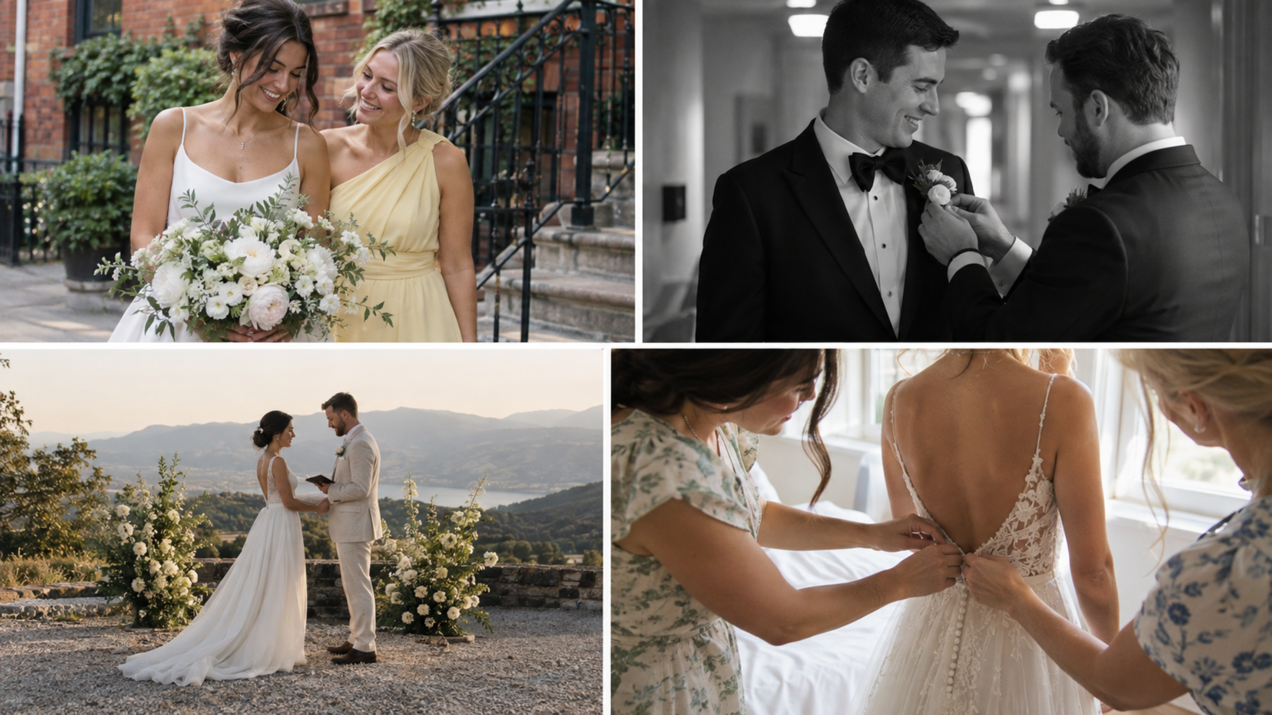 Small wedding party collage featuring a bride with one bridesmaid, a groom with his best man, and friends helping the bride get ready.