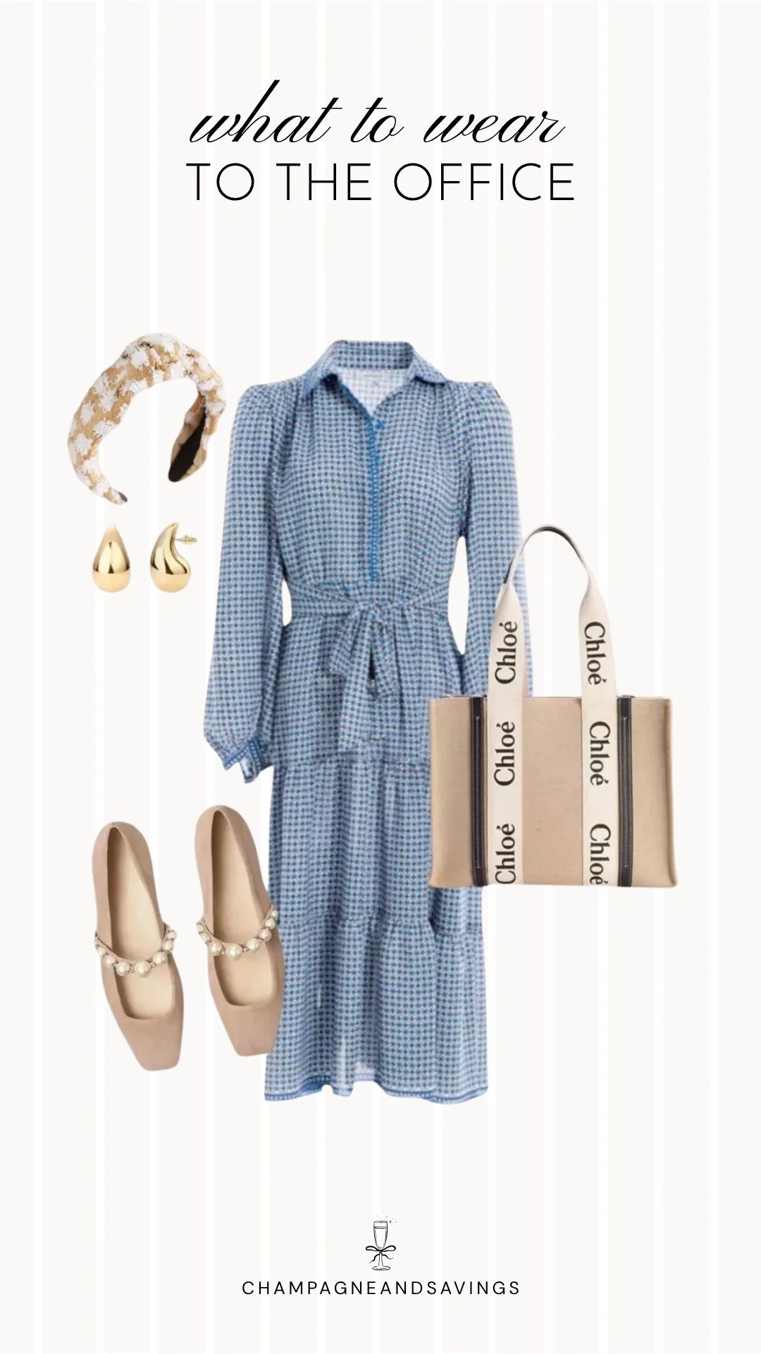 Collage of outfit pieces featuring a blue printed shirt dress styled with pearl embellished flats for a polished and feminine summer office outfit idea for chilly workplaces.
