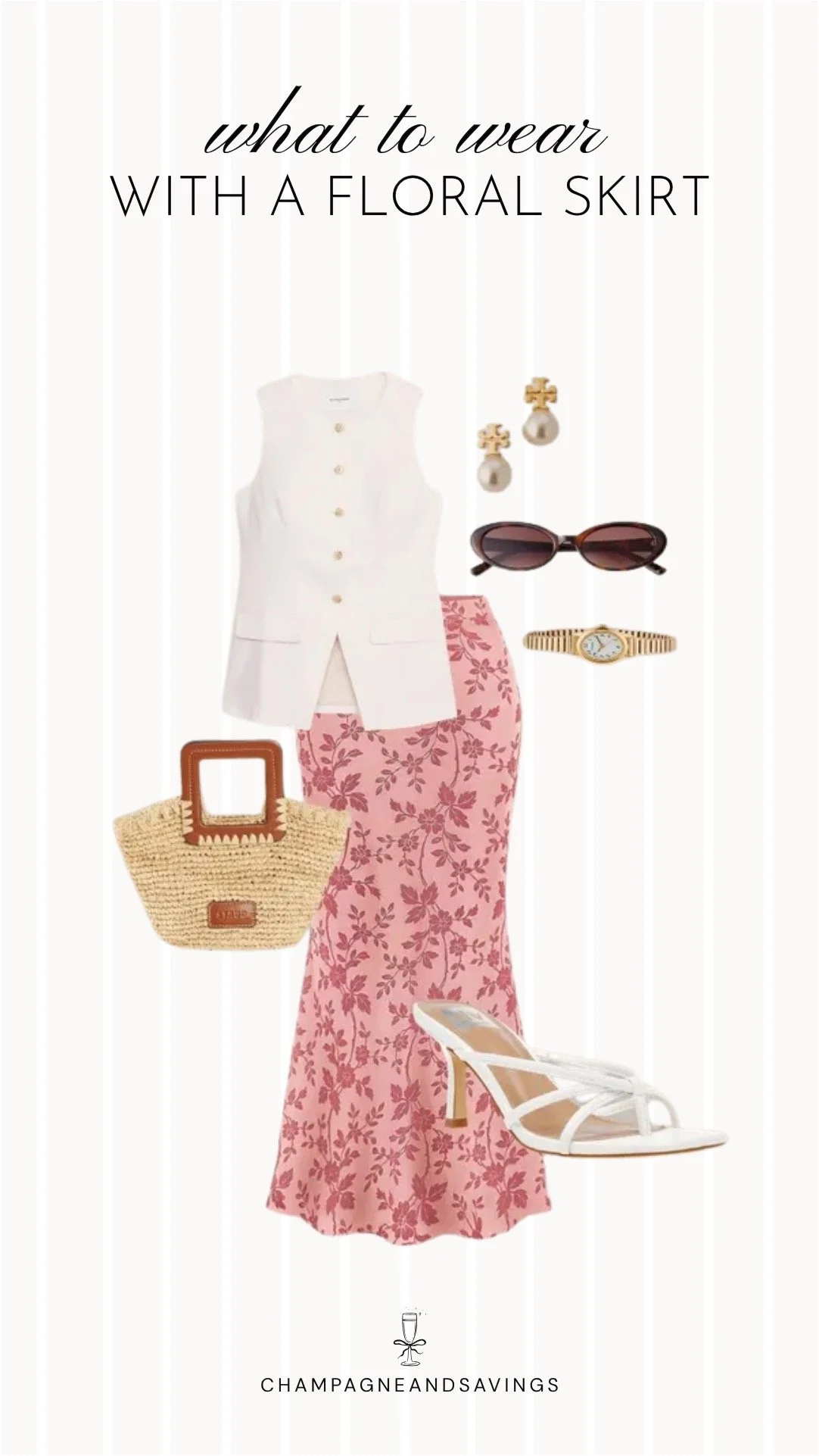 Collage of outfit pieces featuring a floral skirt styled with a white vest and strappy heels for a chic, elevated outfit