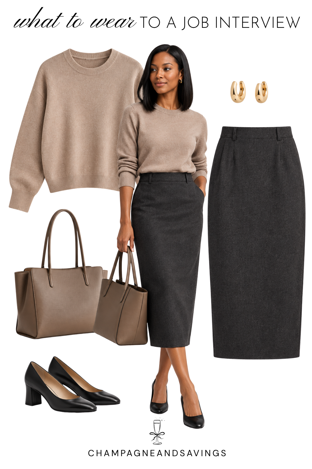 Job interview outfit idea for women featuring a lightweight sweater paired with a midi pencil skirt, shown in a collage of outfit pieces for a polished, professional look.