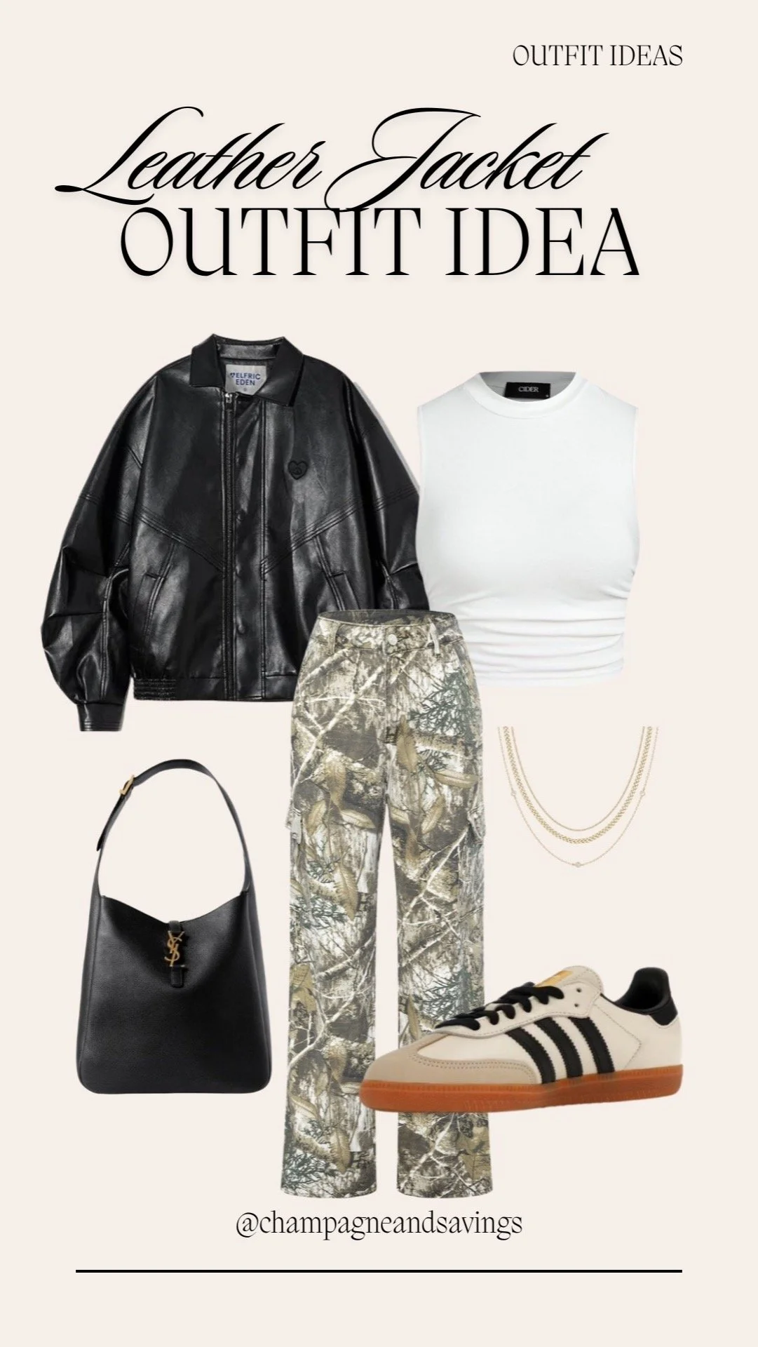 leather jacket, Camo Pants and Adidas Sneakers