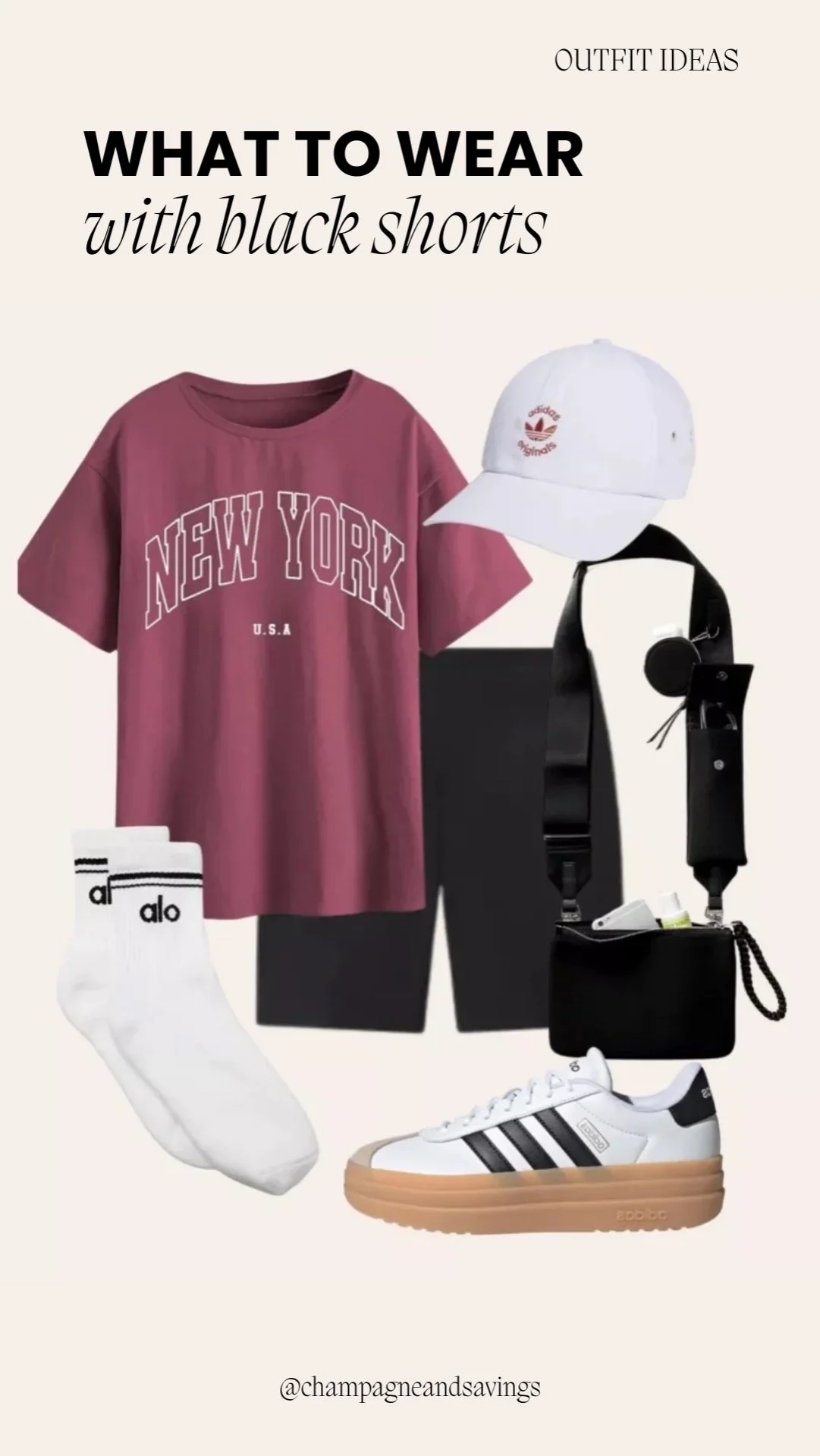 Collage of outfit pieces for a “Sporty Graphic Tee and Sneakers” black shorts look, featuring black shorts paired with a graphic tee and sporty sneakers, styled in a casual athletic-chic aesthetic.