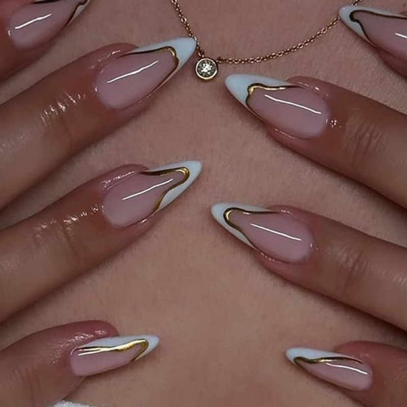 Fall chrome nail idea featuring gold chrome outlined french tips