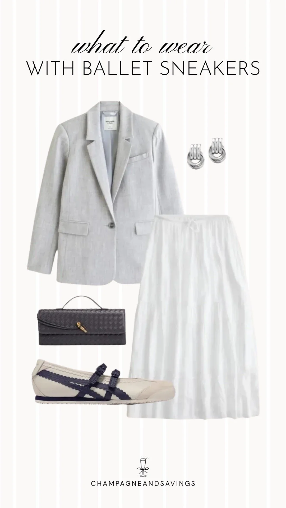 Collage of outfit pieces featuring ballet sneakers styled with a blazer and a flowy midi skirt for a polished outfit that blends tailored and feminine elements.