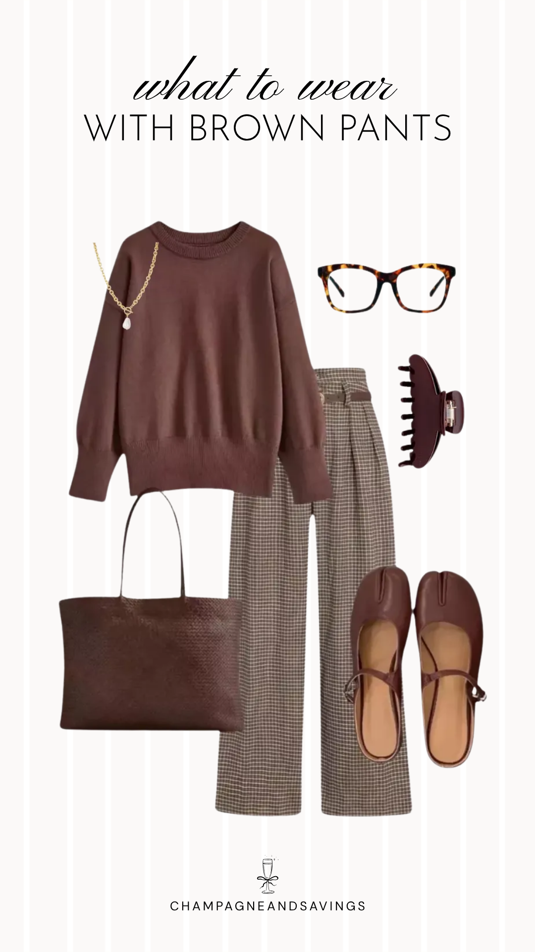 Brown pants outfit idea collage featuring a brown sweater styled with plaid trousers for a cozy, polished fall outfit.