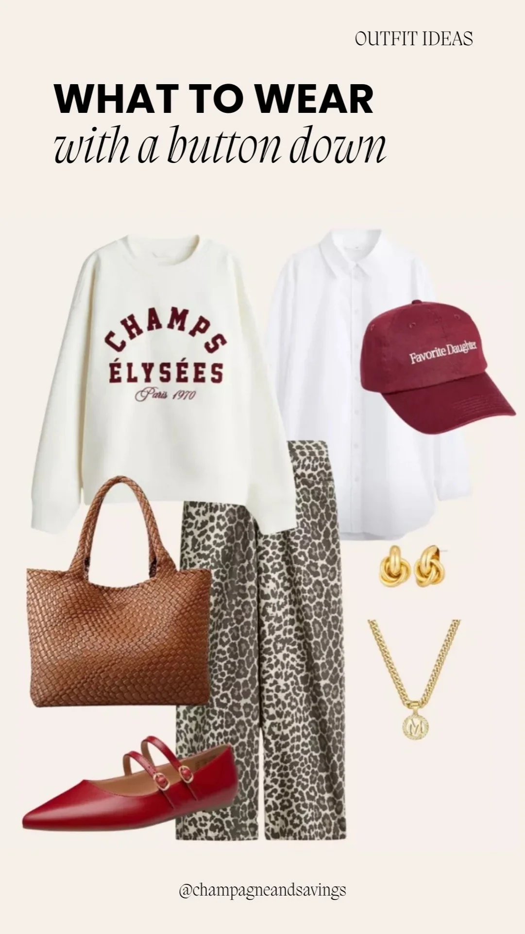 Button down shirt outfit idea featuring a graphic sweatshirt layered over a button-down shirt with leopard pants, shown in a collage of outfit pieces.