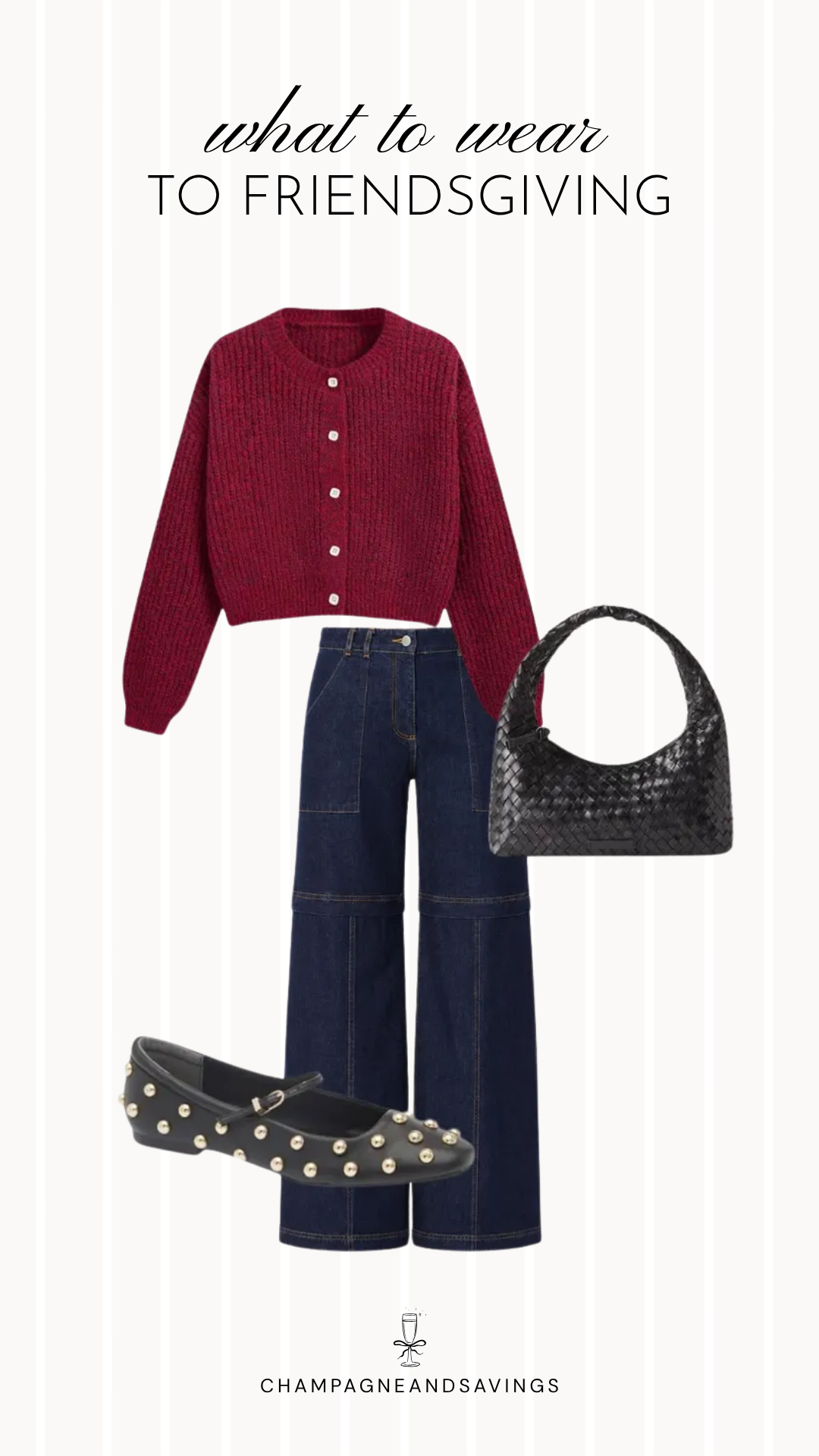 Friendsgiving outfit idea featuring a burgundy cardigan paired with wide leg denim and studded flats, styled together in a cozy fall fashion collage for a casual yet polished holiday gathering.