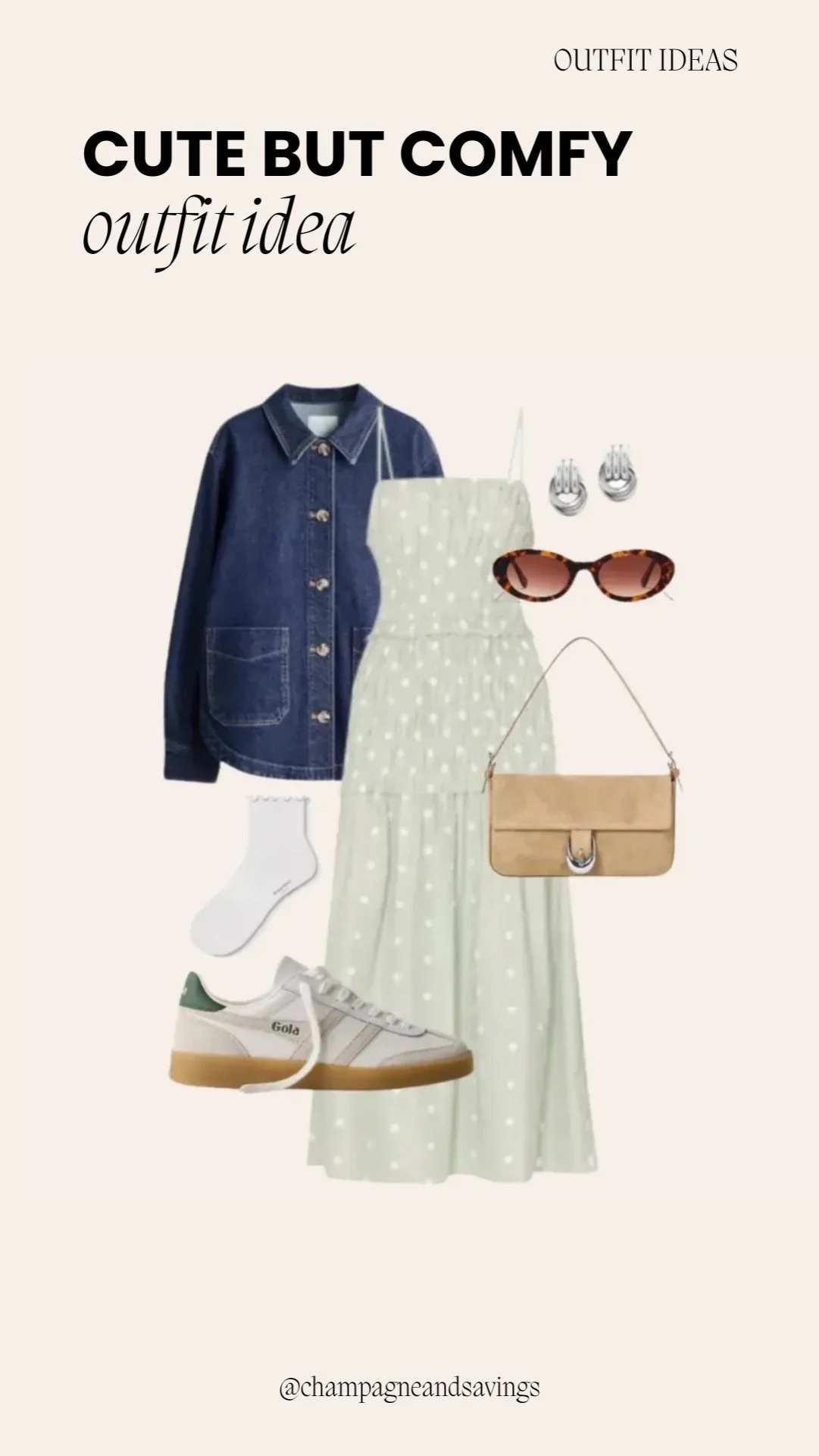 Outfit collage showing a cute and comfy outfit idea with a denim jacket and polka dot midi dress.