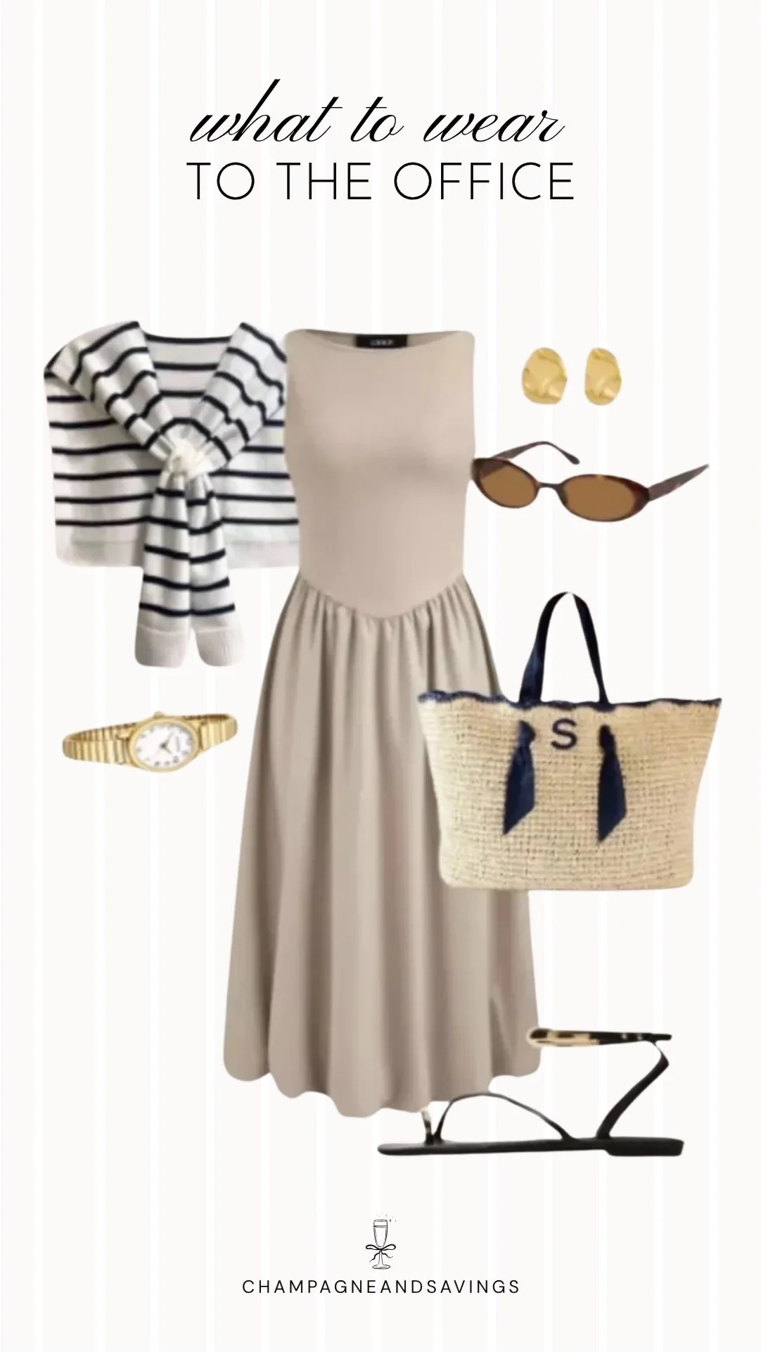 Collage of outfit pieces featuring a beige drop waist dress styled with a striped sweater draped over the shoulders for a chic and effortless summer office outfit idea when the office is freezing.